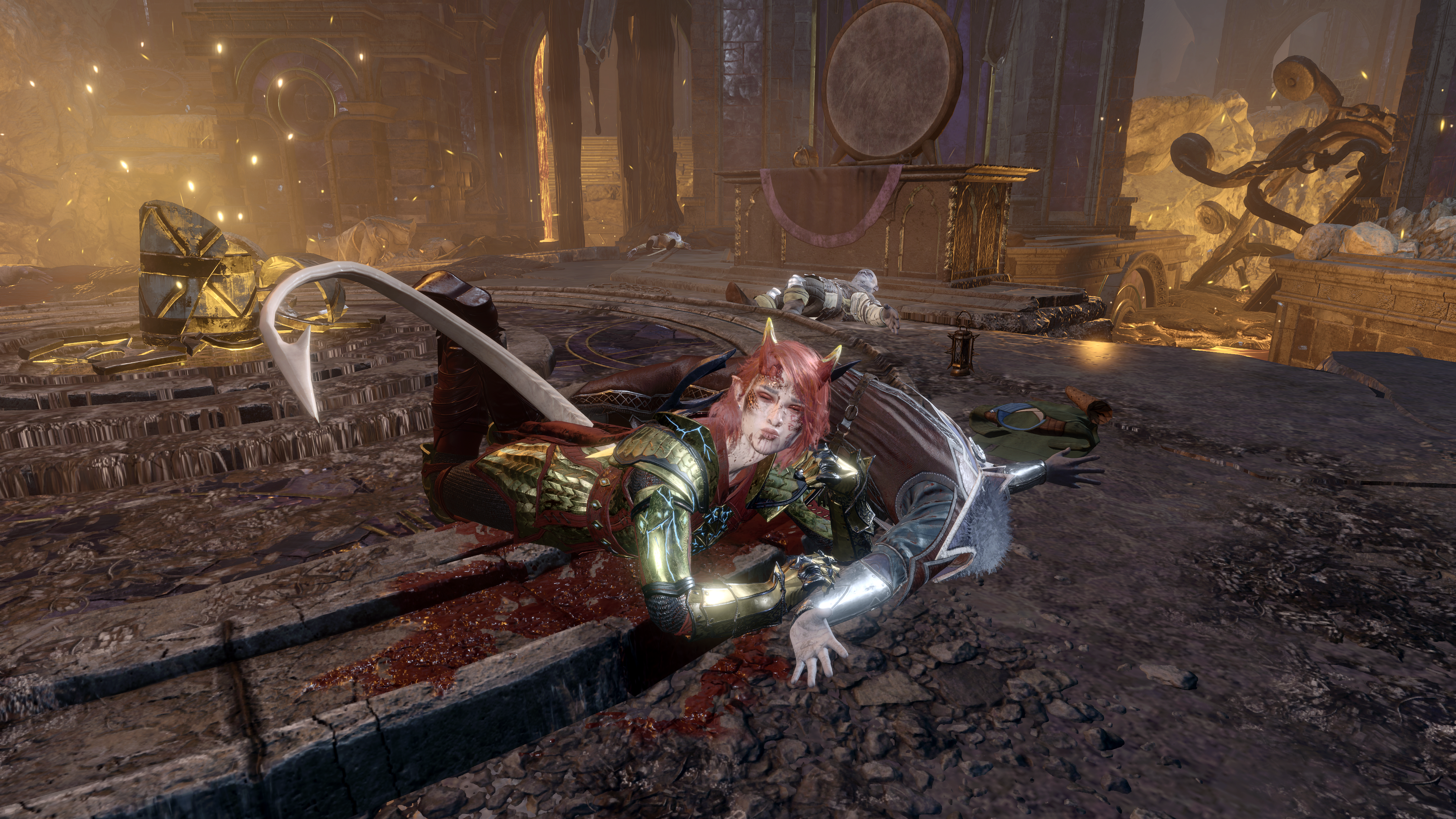 Baldur's Gate 3 screenshots showing female Dark Urge wielding twin flame blades