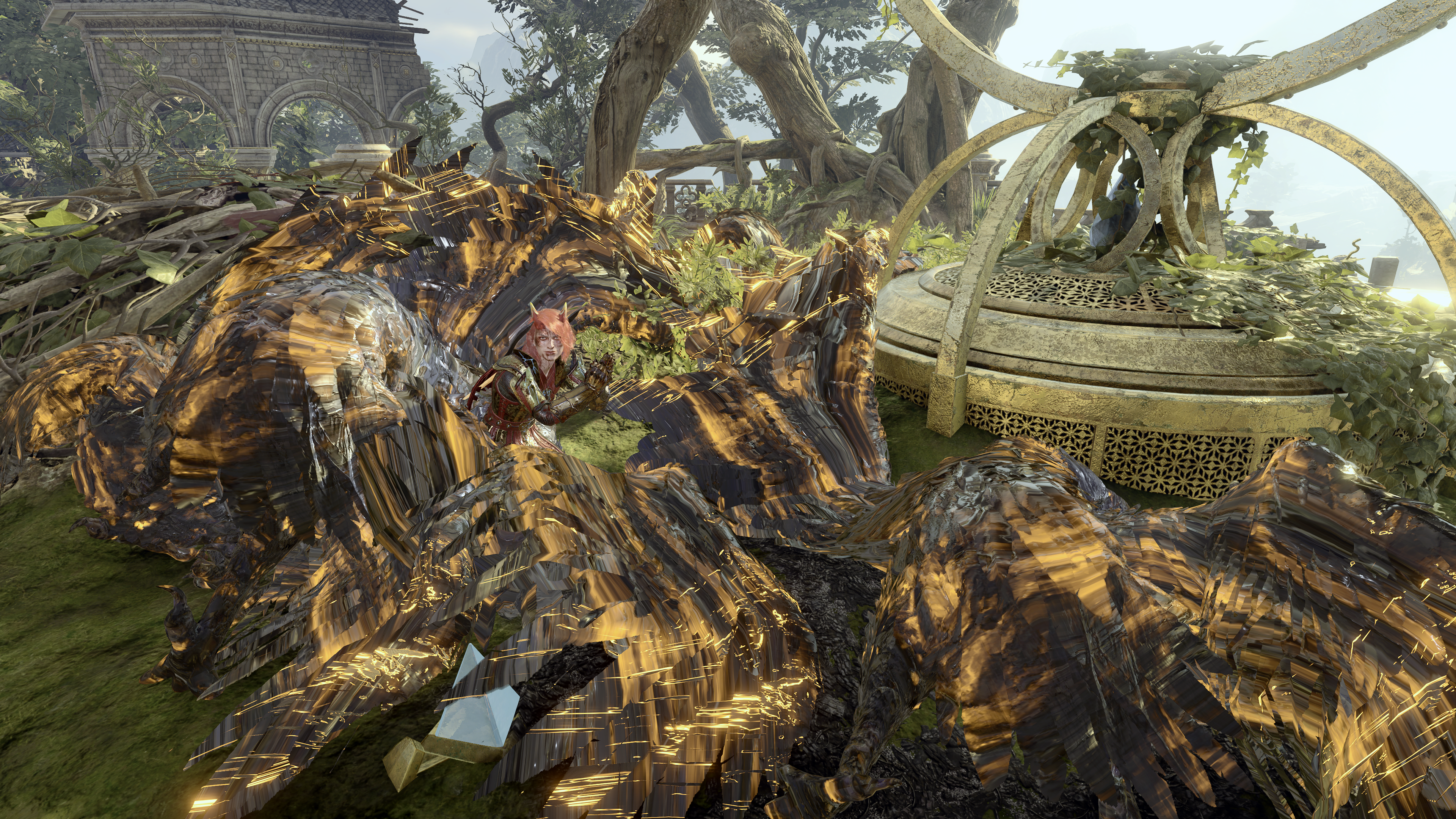 Baldur's Gate 3 screenshots showing female Dark Urge wielding twin flame blades