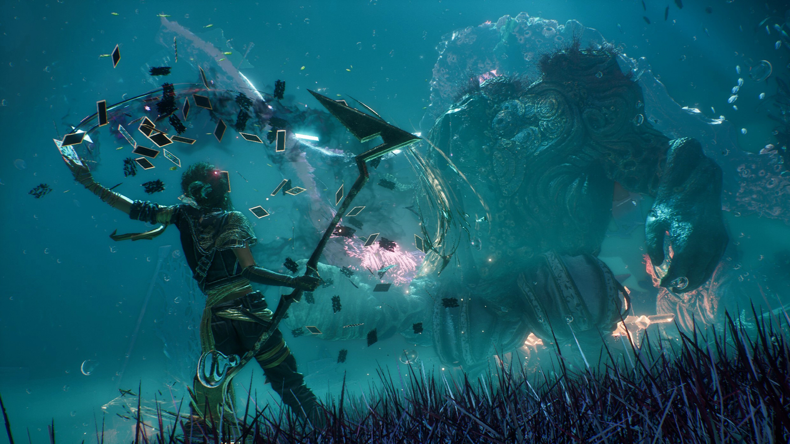 Best Expedition 33 attributes: Sciel holding her scythe and swirling her deck of cards above her head as she primes an attack.