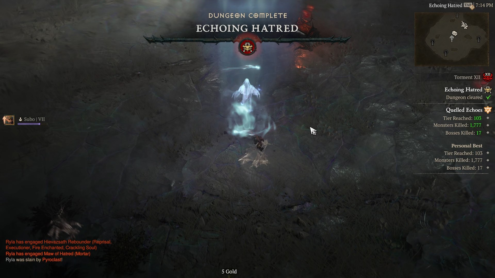 A screenshot of the early access review build of Diablo 4: Lord of Hatred. A ghostly tombstone sits in the middle of an arena as a player dies.