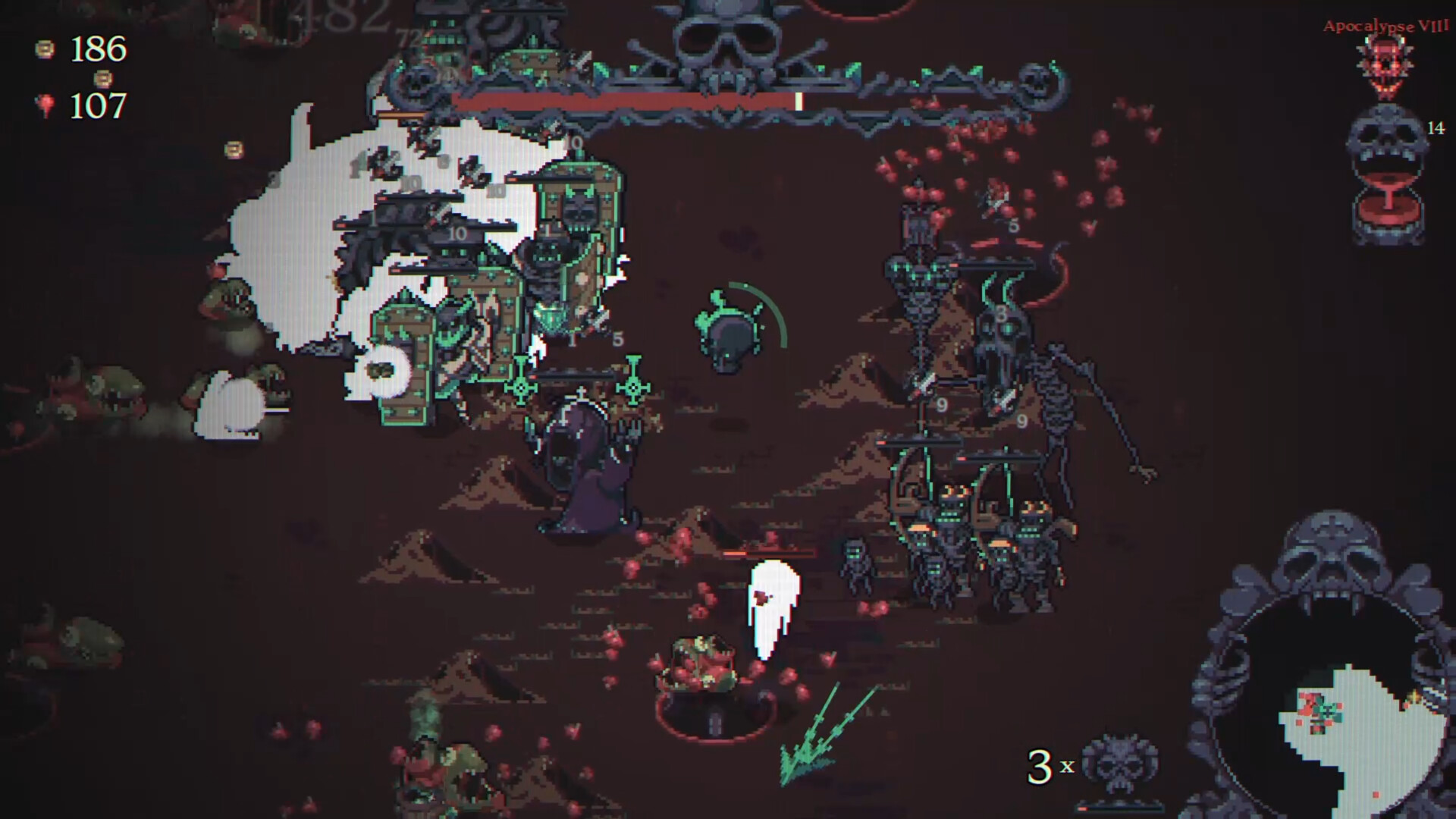 A boss battle between a skeleton army and flesh monsters in Skull Horde.