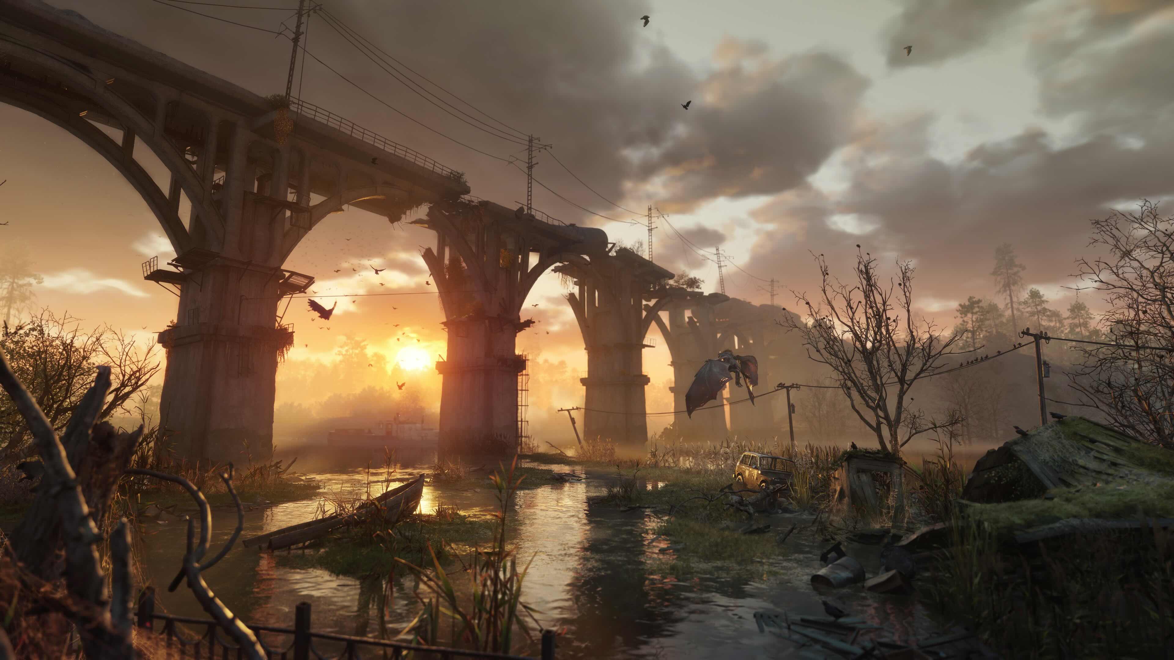 Post-apocalyptic bridge at sunset.