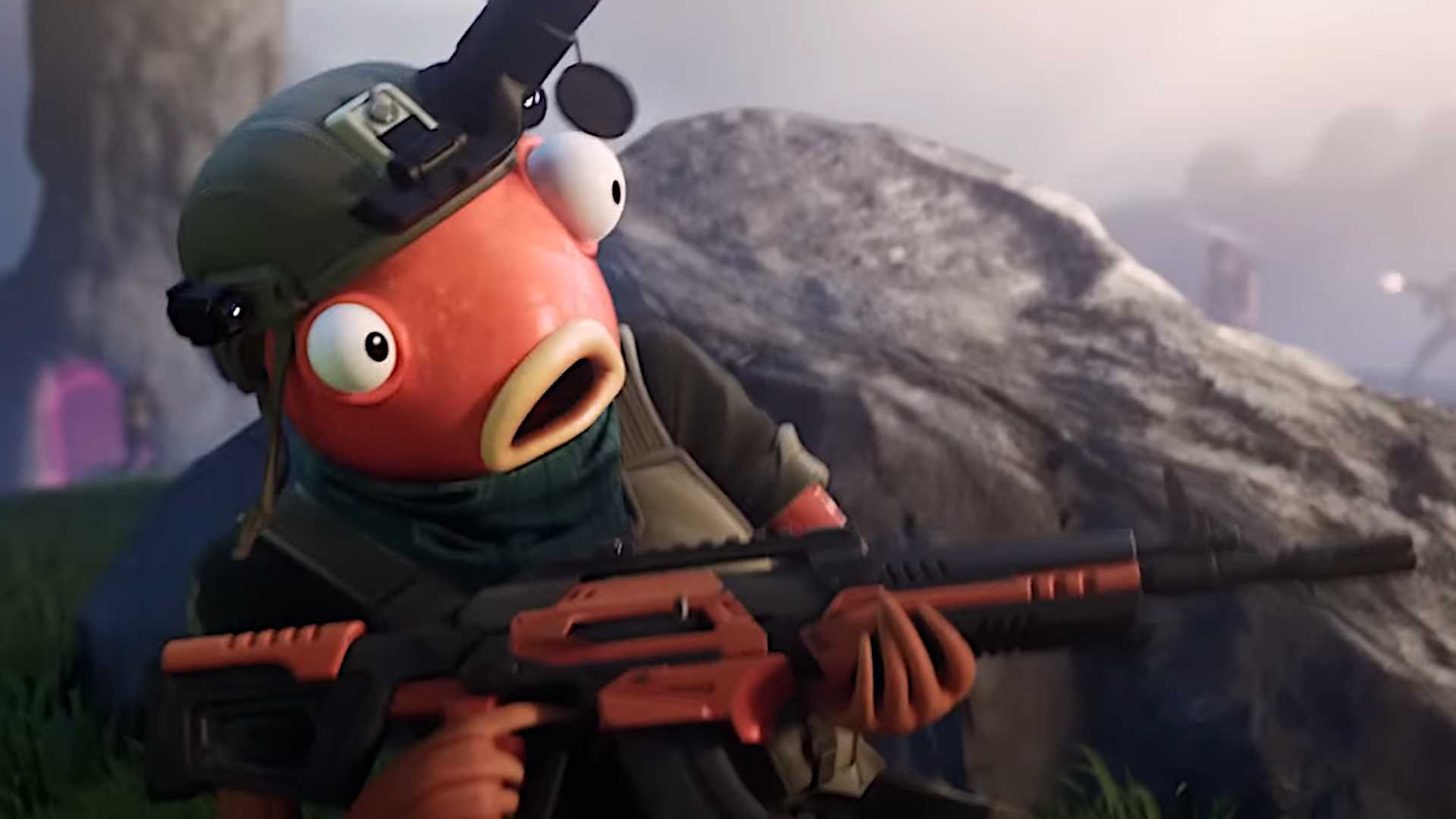A character from Fortnite looks shocked as bug-based warfare erupts around them.