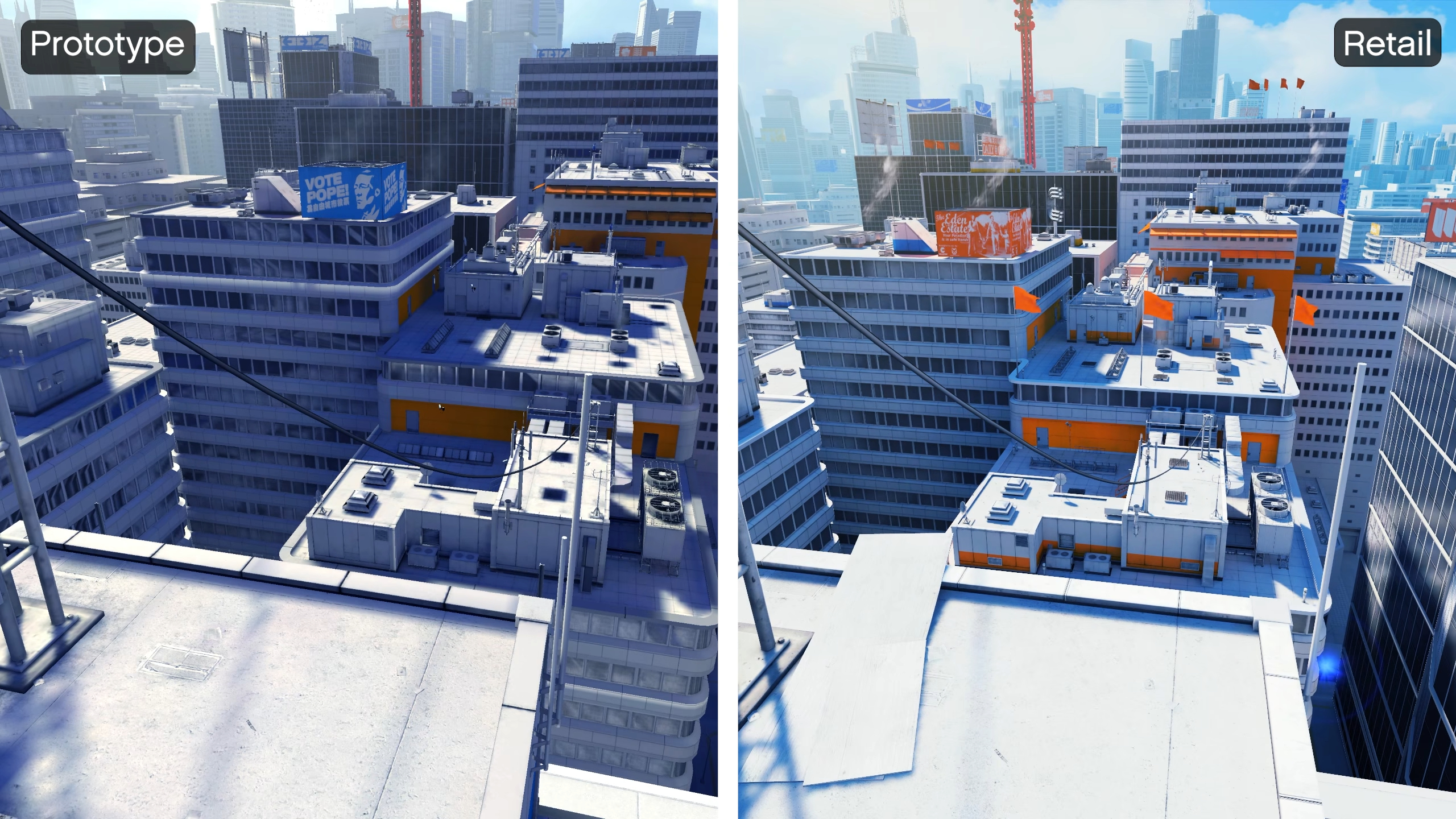 A side-by-side view comparing a rooftop skyline in the final version and prototype build of Mirror's Edge.