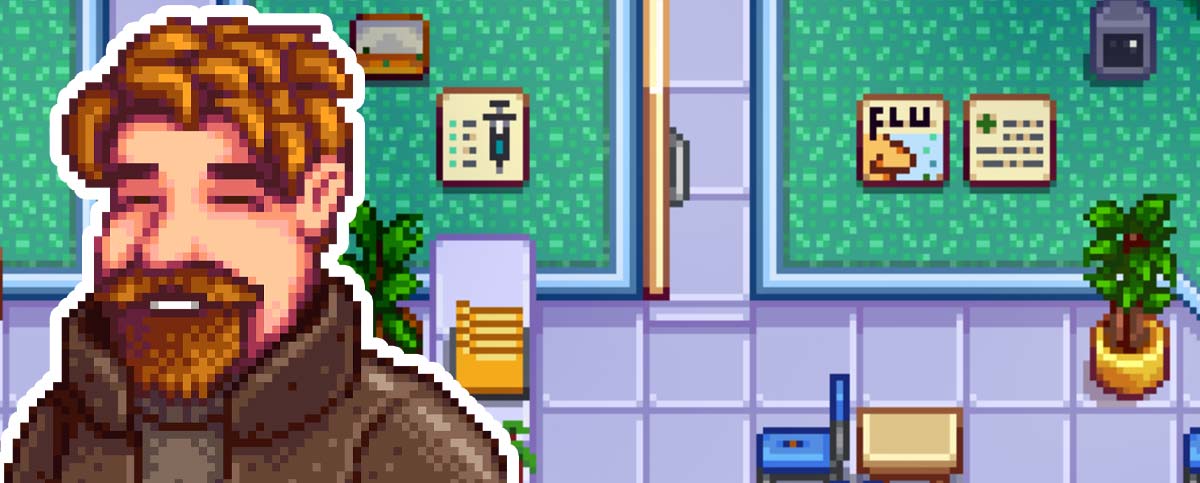 Stardew Valley - Clint smiling with the clinic behind him