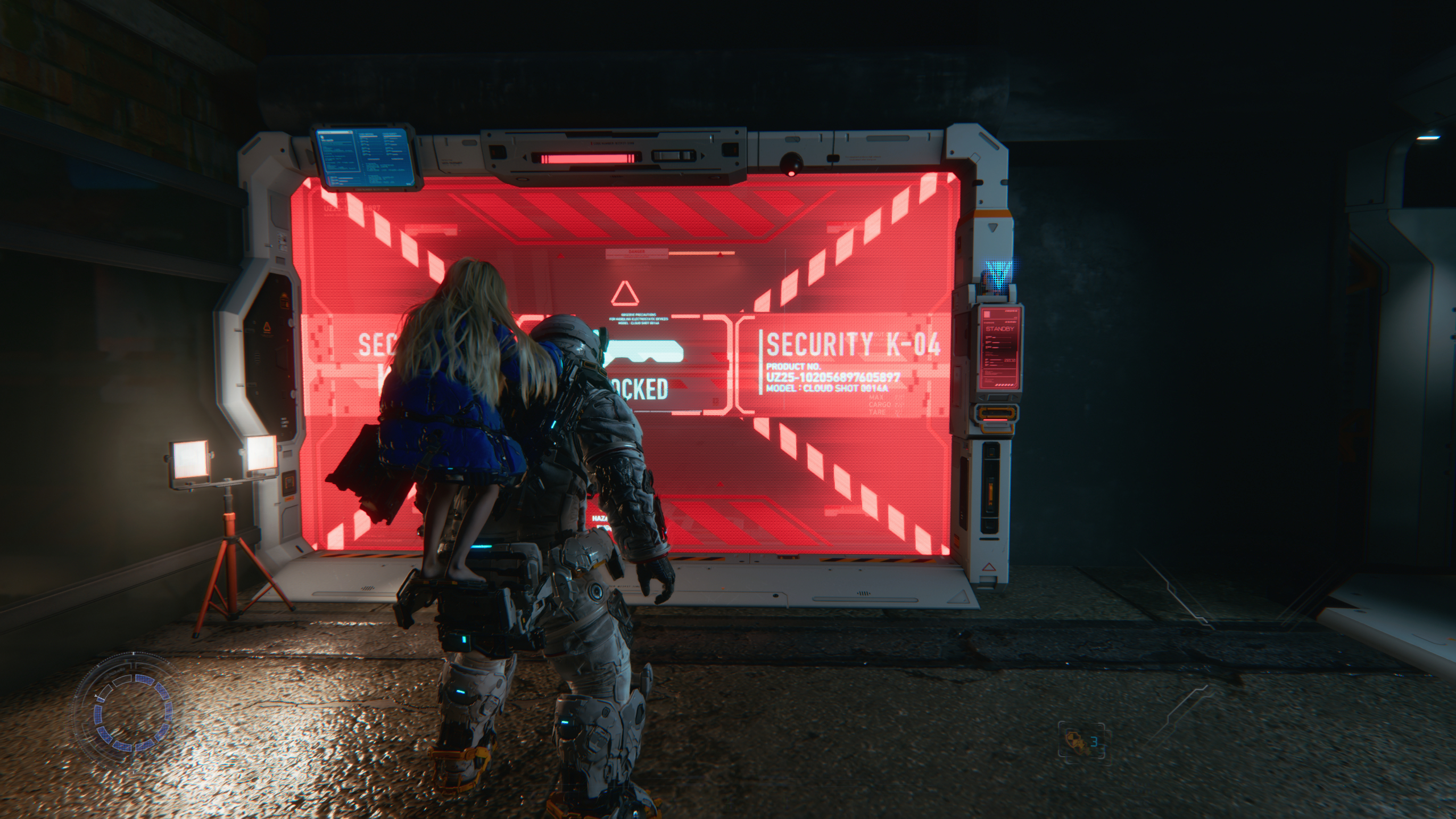 Pragmata Red Zone Gate Keys: A player looking at a Red Zone barrier in the Shopping District.