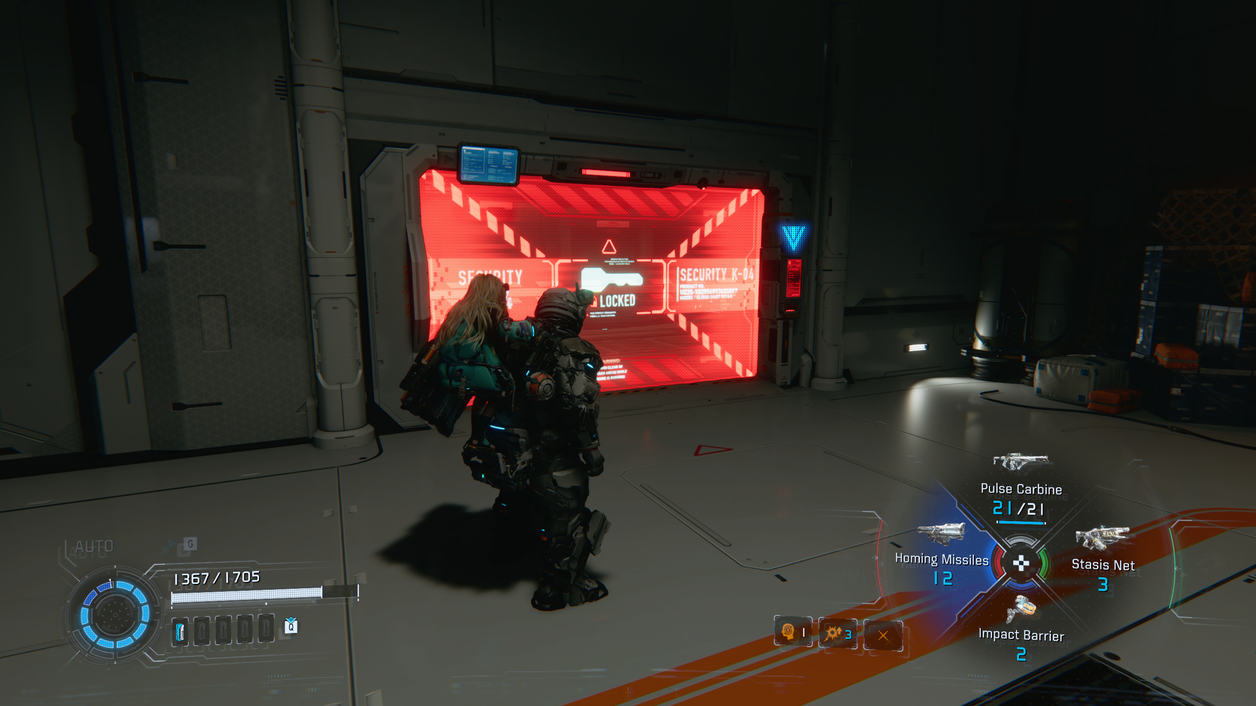 Pragmata Red Zone Gate Keys: A player looking at a Red Zone barrier in the Warehouse.