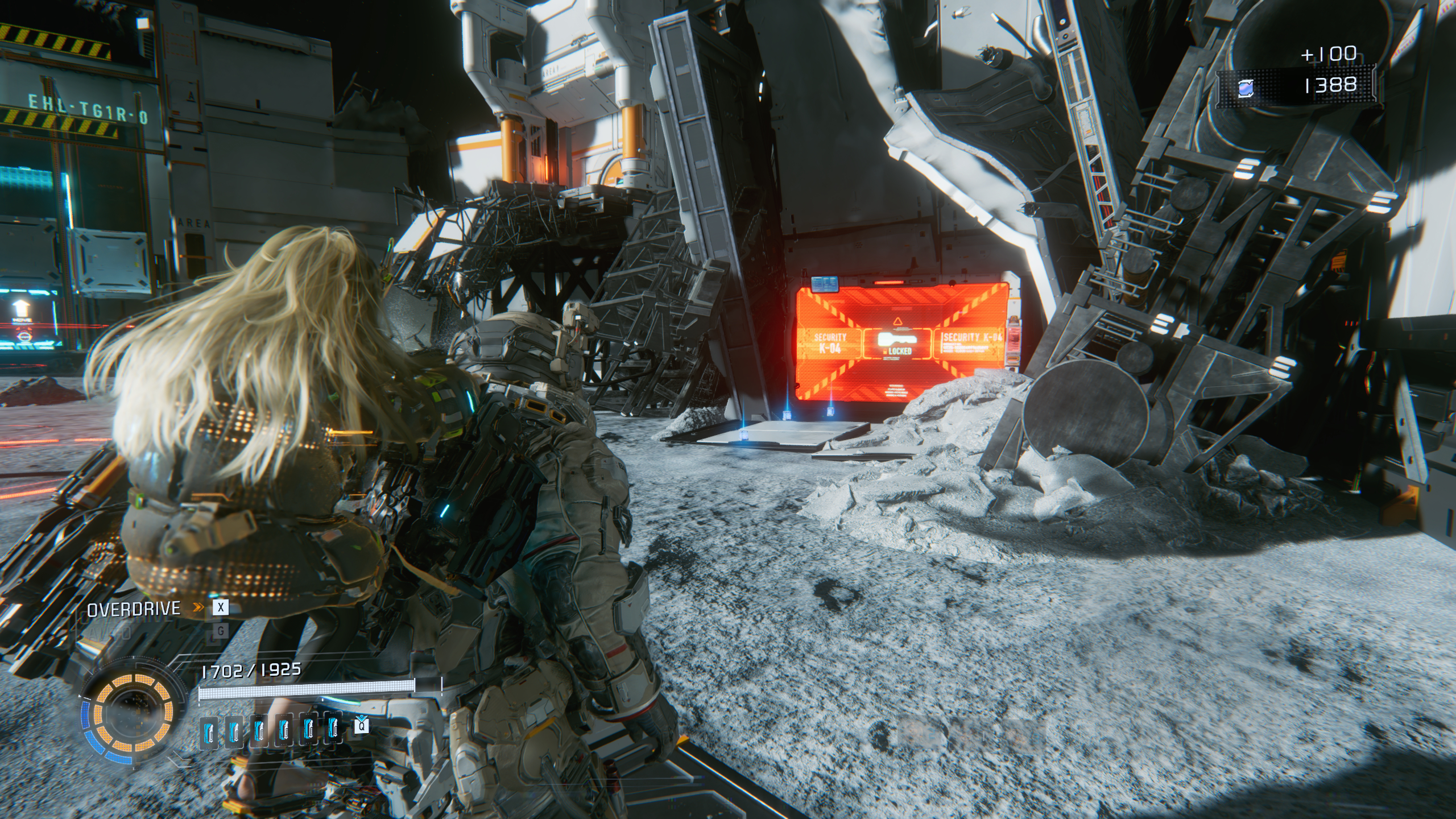 Pragmata Red Zone Gate Keys: A player looking at a Red Zone barrier in the Main Excavation Site.