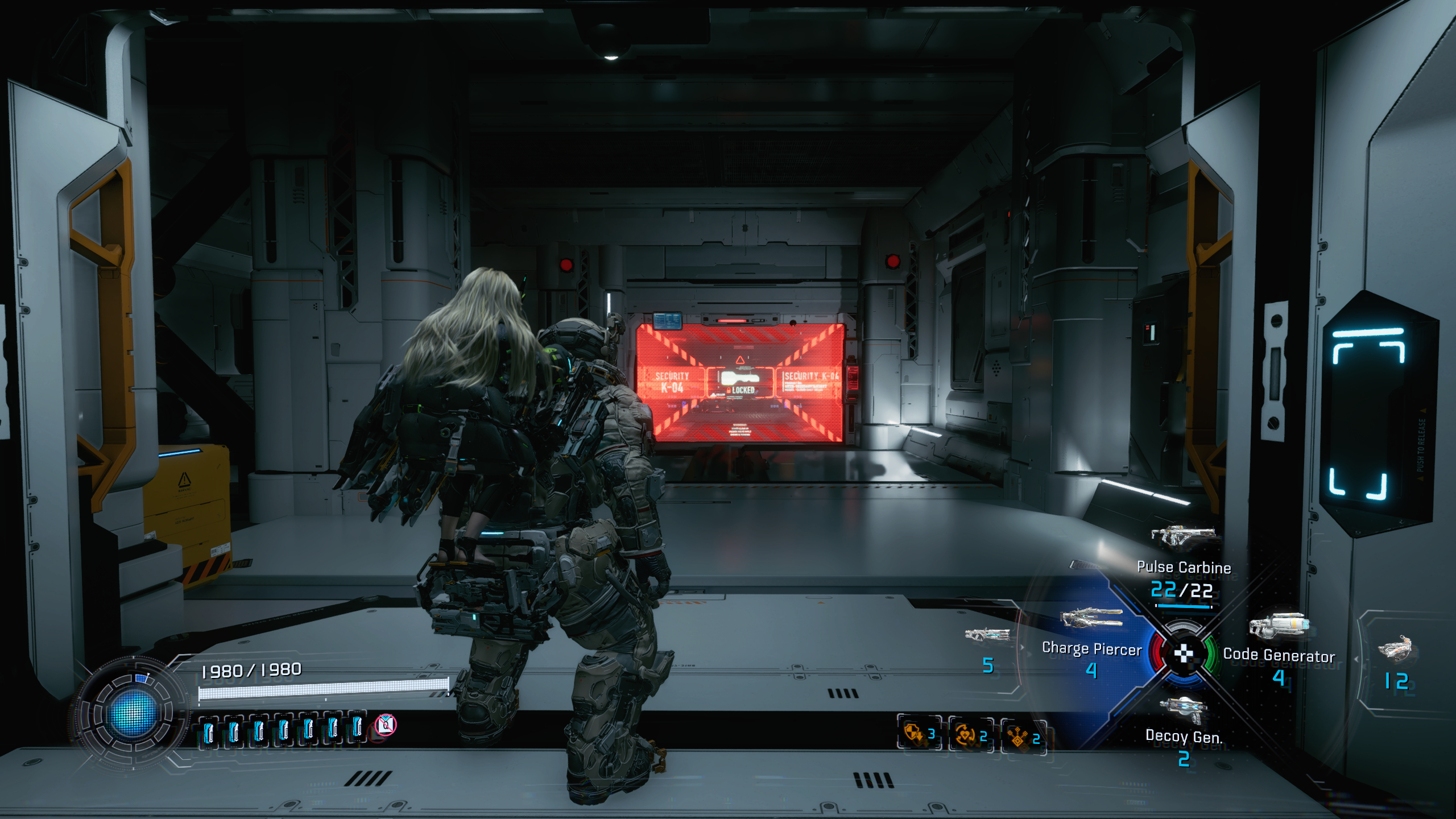 Pragmata Red Zone Gate Keys: A player looking at a Red Zone barrier at the end of a hallway in Lunafilament Lab.