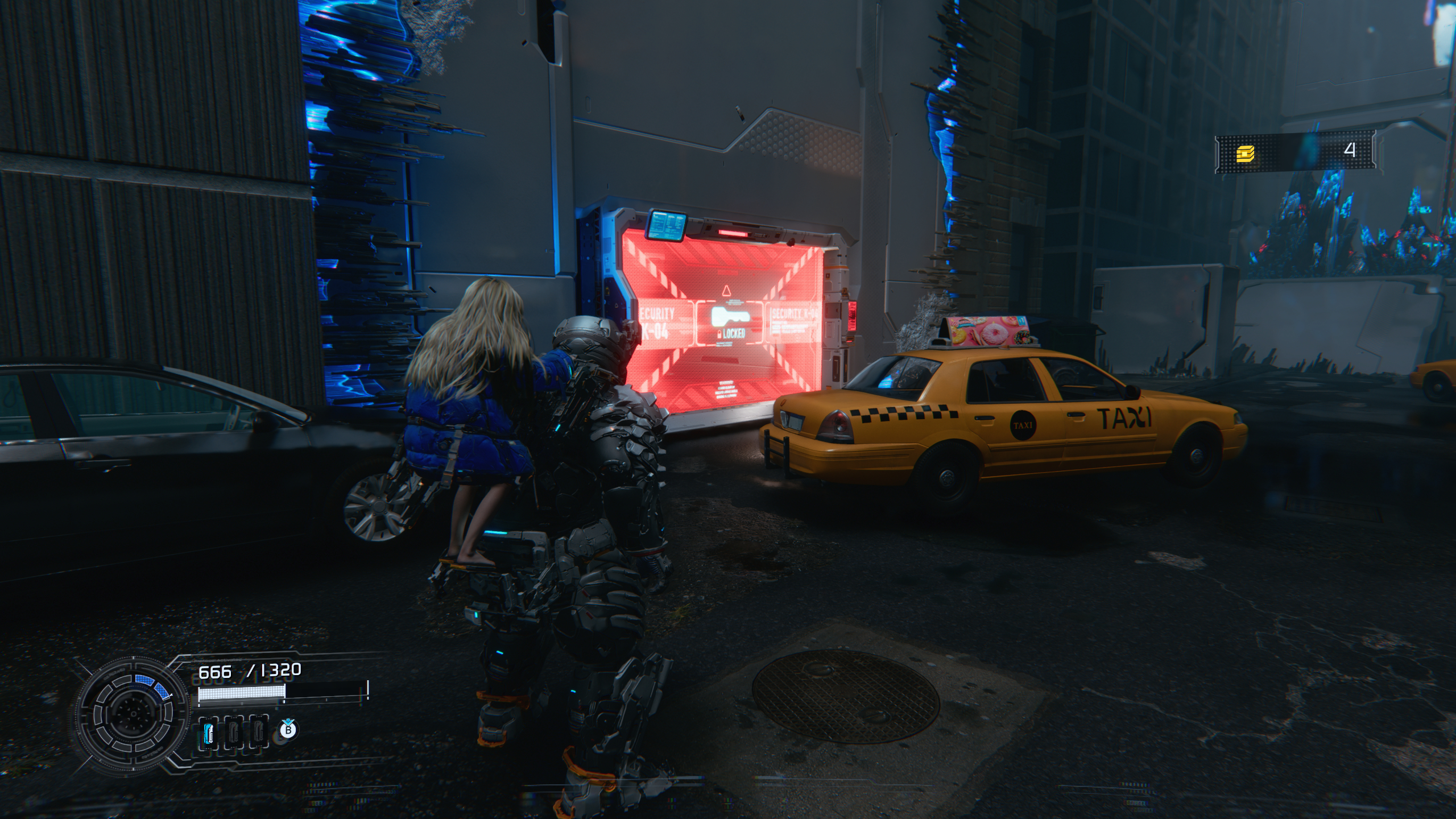 Pragmata Red Zone Gate Keys: A player looking at a Red Zone barrier in the Business District.