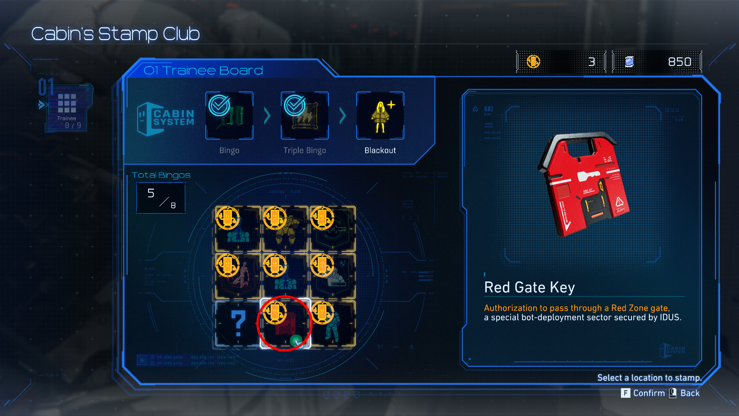 Pragmata Red Zone Gate Keys: A Red Gate Key in the Trainee bingo board.