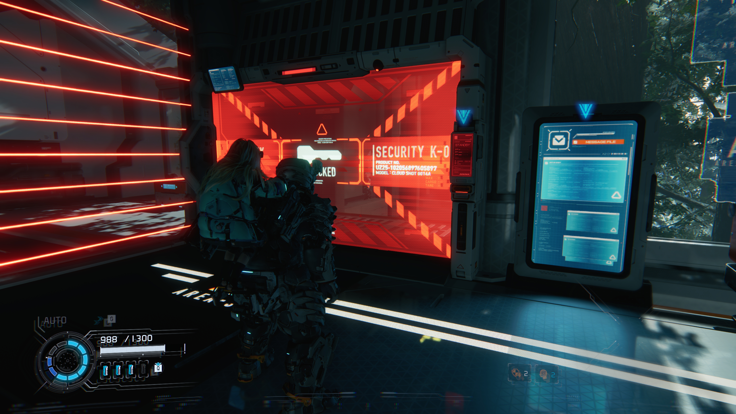 Pragmata Red Zone Gate Keys: A player looking at a Red Zone barrier in Plant Factory.