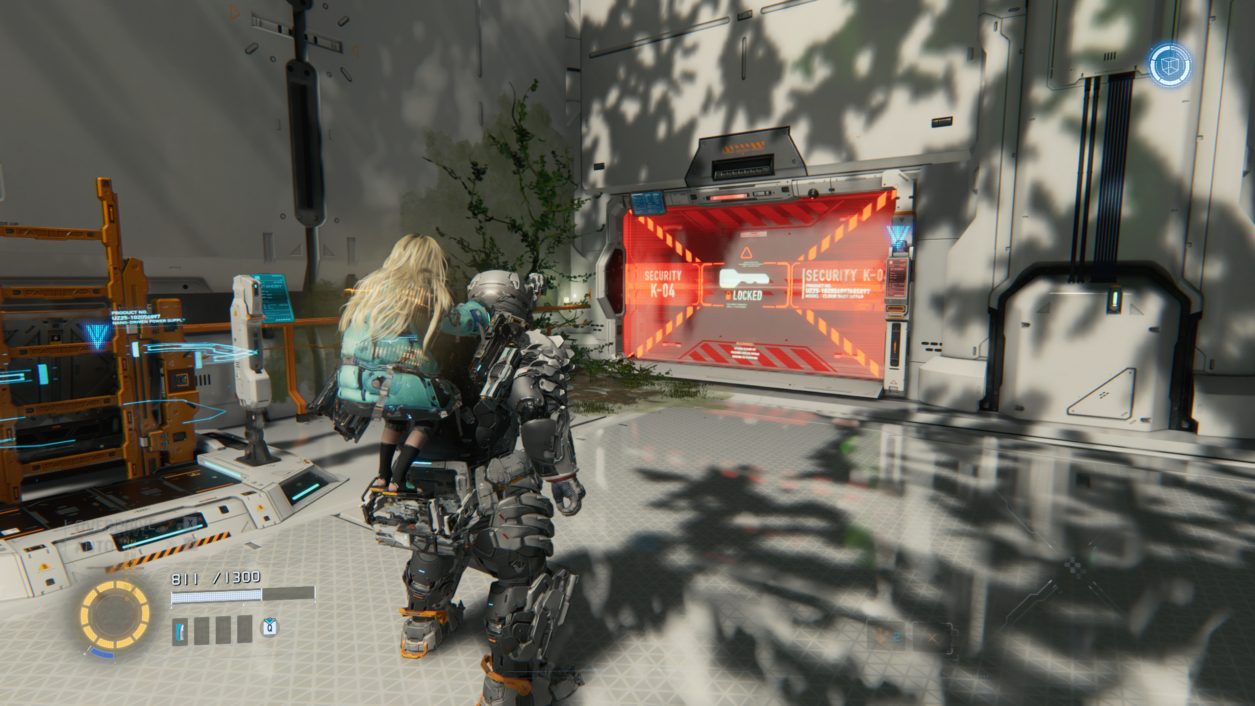 Pragmata Red Zone Gate Keys: A player looking at a Red Zone barrier in the Eco Modeling Lab.