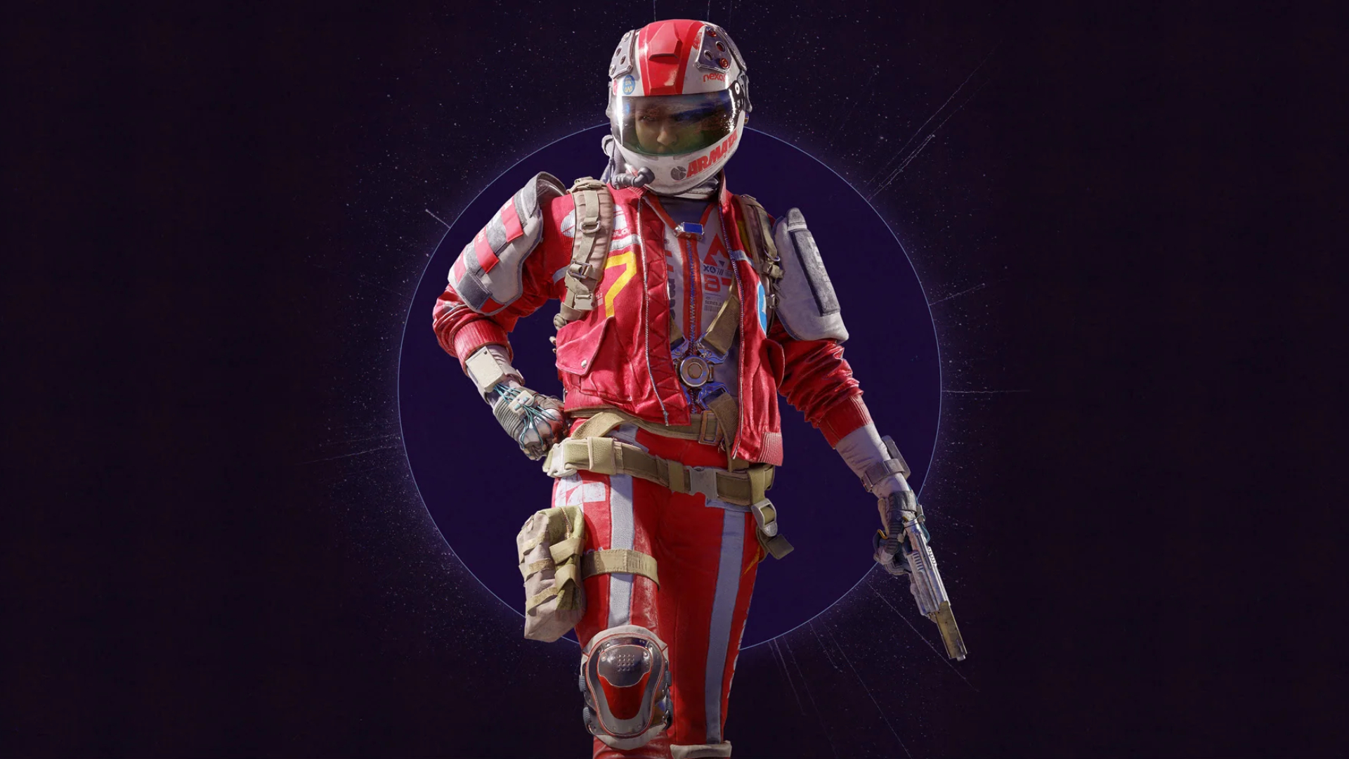 Arc Raiders: A character wearing the Torgue outfit (the Season 3 Trials reward) holding a pistol down in their left hand, against a purple background.