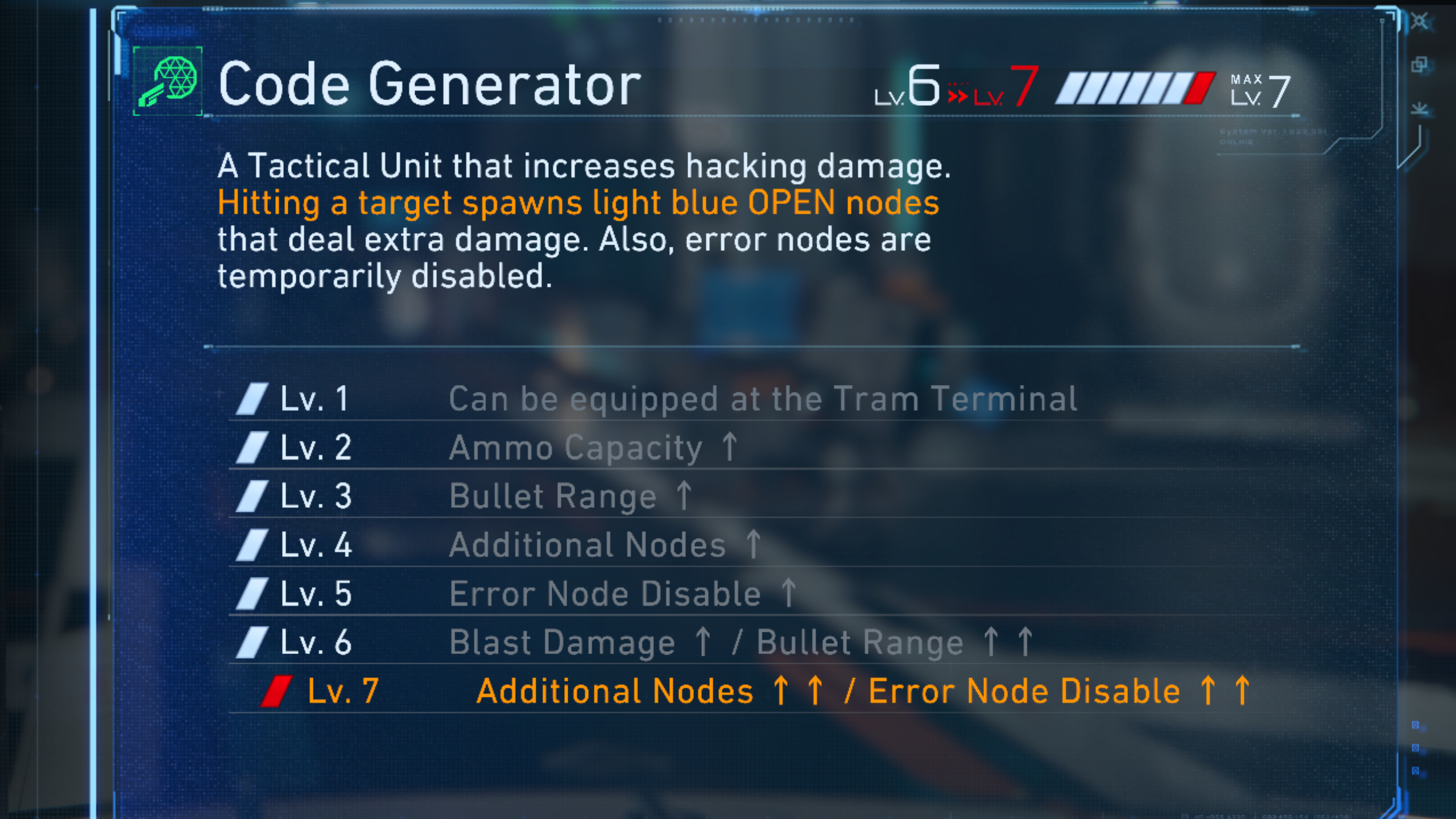Pragmata weapons: The Code Generator viewed in the upgrade screen, giving a brief description of the gun and what's improved at each level.