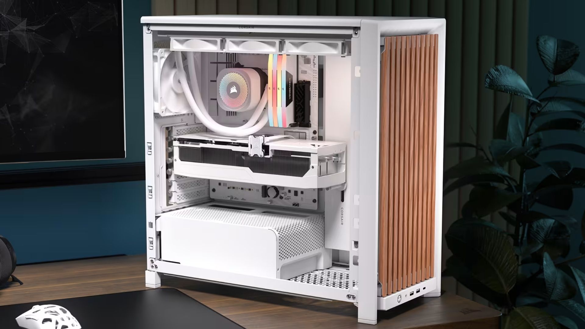 Corsair Frame 4000D Wood RS pc case on a desk