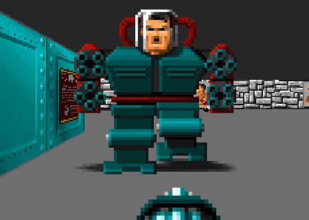 A screenshot of Wolfenstein 3D showing the battle with Mecha-Hitler