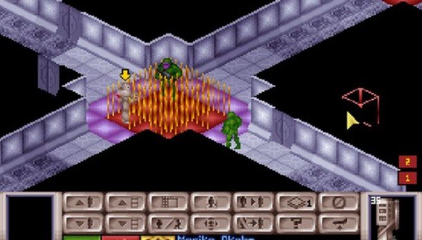 Soldiers advance through a space ship.