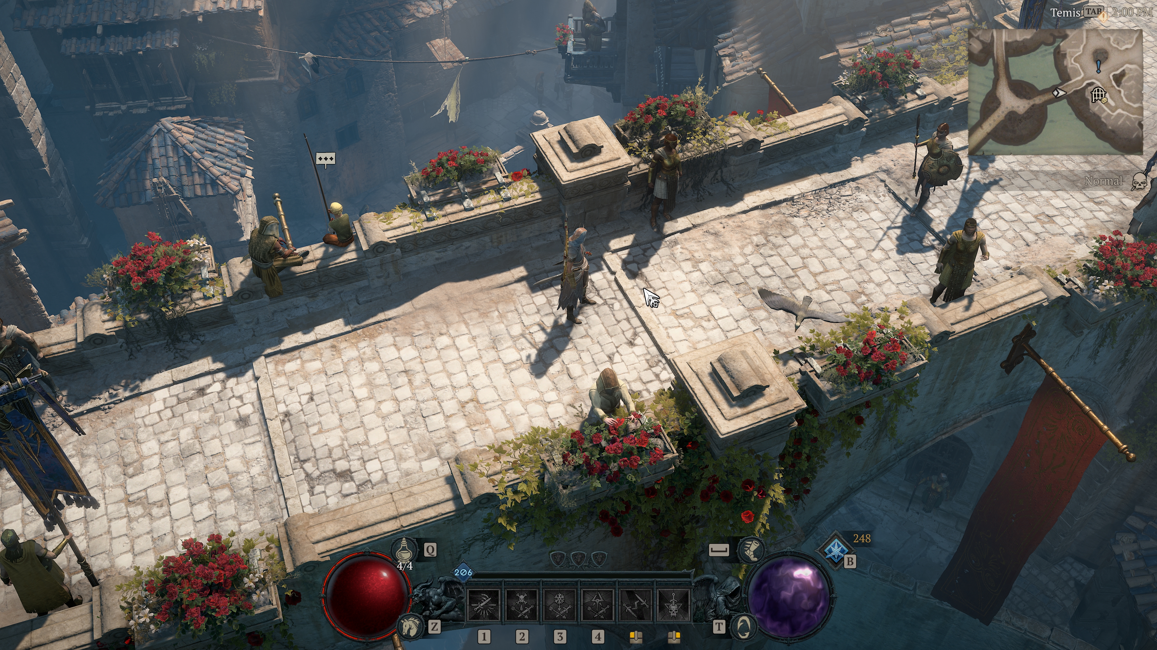 A screenshot from the Diablo 4: Lord of Hatred review build. A warlock character passes over a stone bridge in the bright, capital city of Temis.