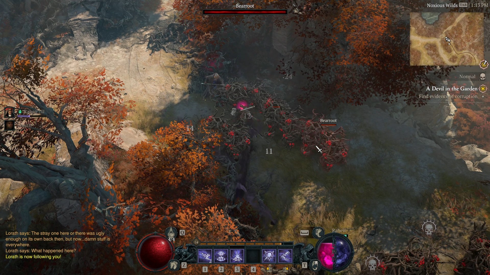 A screenshot of the Diablo 4: Lord of Hatred review build. A player character explores a forest and fights bears made out of vines.