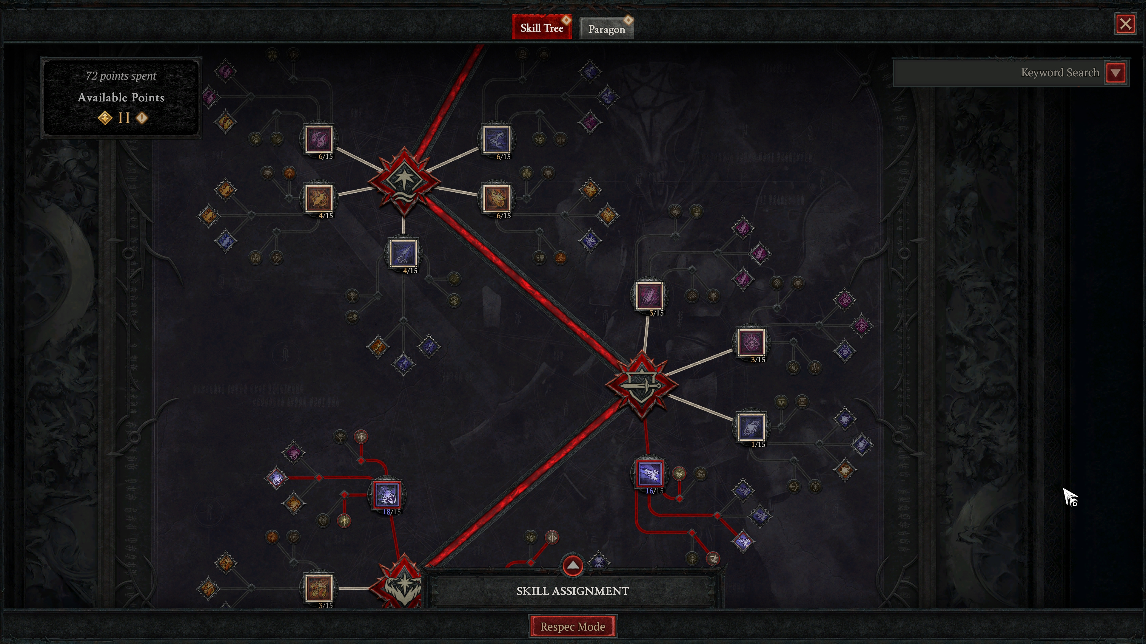 A screenshot from the Diablo 4: Lord of Hatred review build. Clusters of skills and upgrade nodes in the skill tree are highlighted in red.