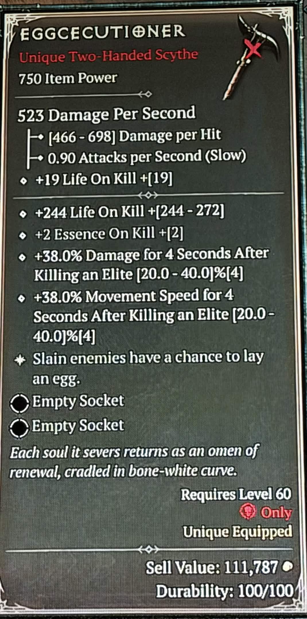 A screenshot of an April Fool's Day item in Diablo 4. A scythe called the Eggcecutioner that causes slain enemies to drop eggs.