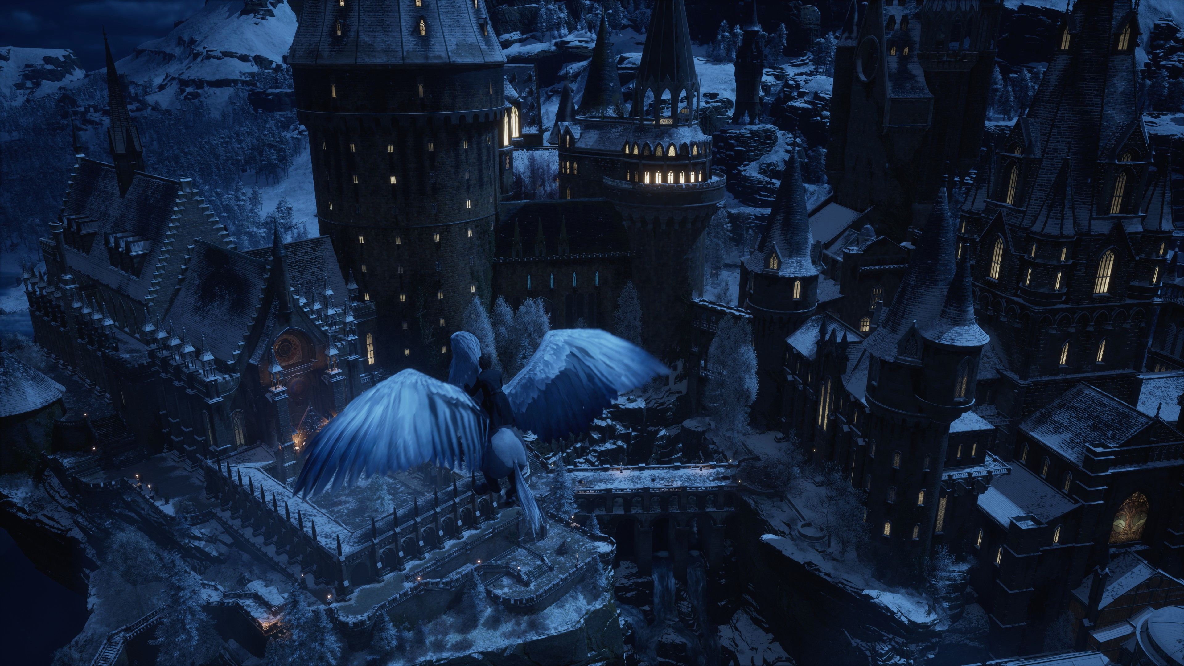 A night-time screenshot of the PC version of Hogwarts Legacy, using maximum quality settings and the HUD fully disabled