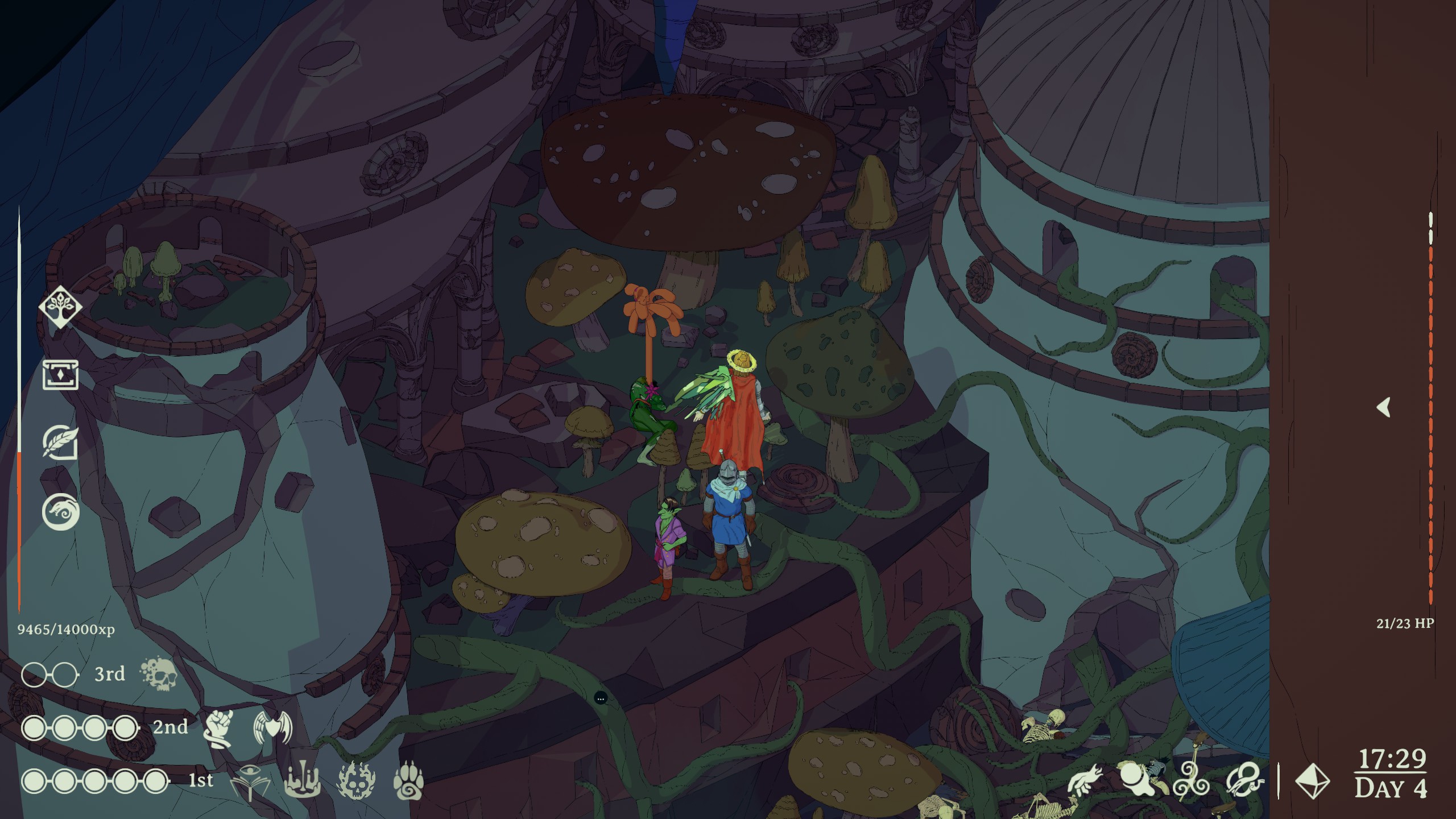 Esoteric Ebb screenshot showing characters amid ruins and mushrooms