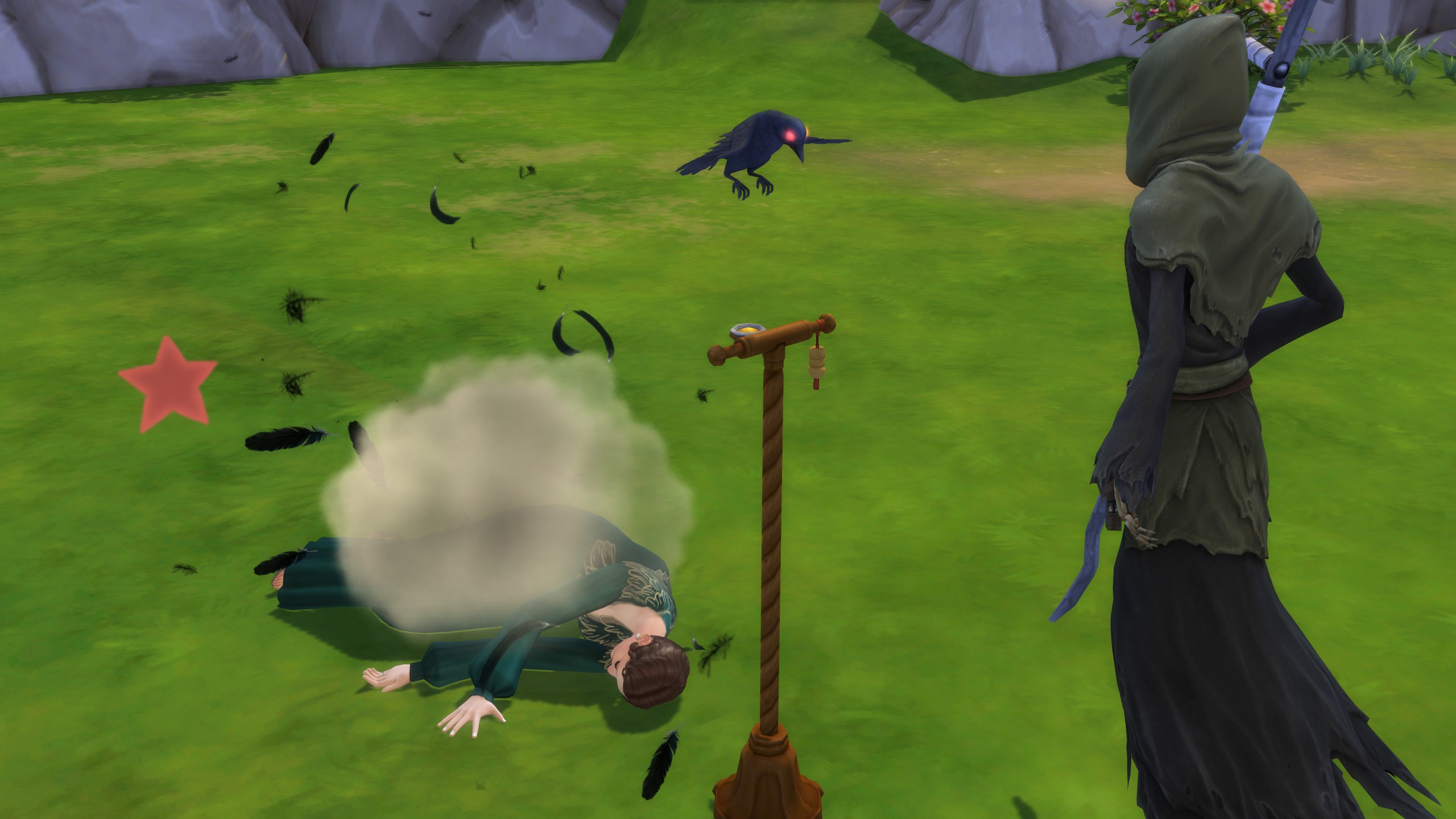 The Sims 4 Life & Death - A sim lying on the ground killed by a crow while the Grim Reaper watches