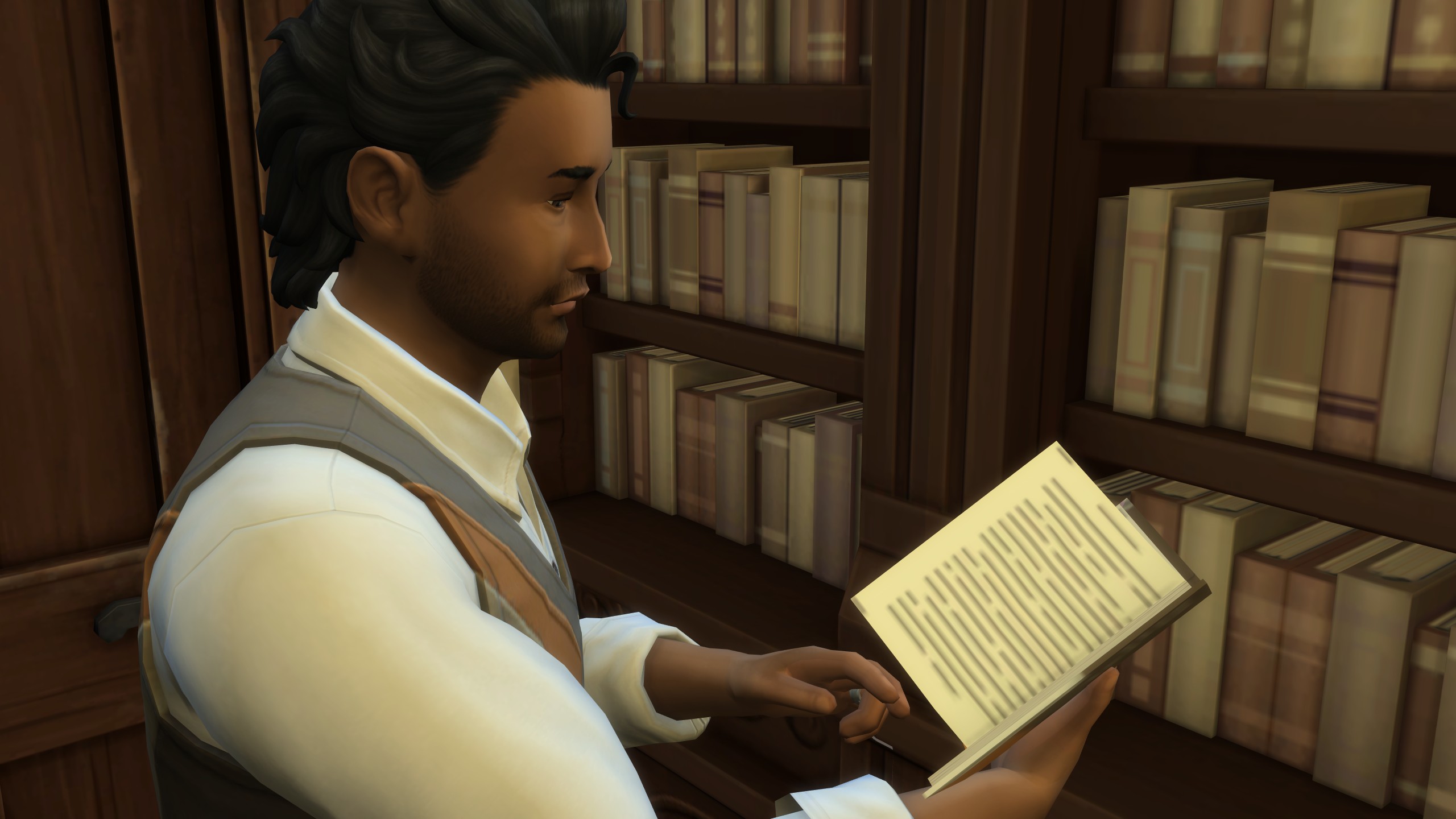 The Sims 4 Life & Death - a sim reads about Thanatology in a book