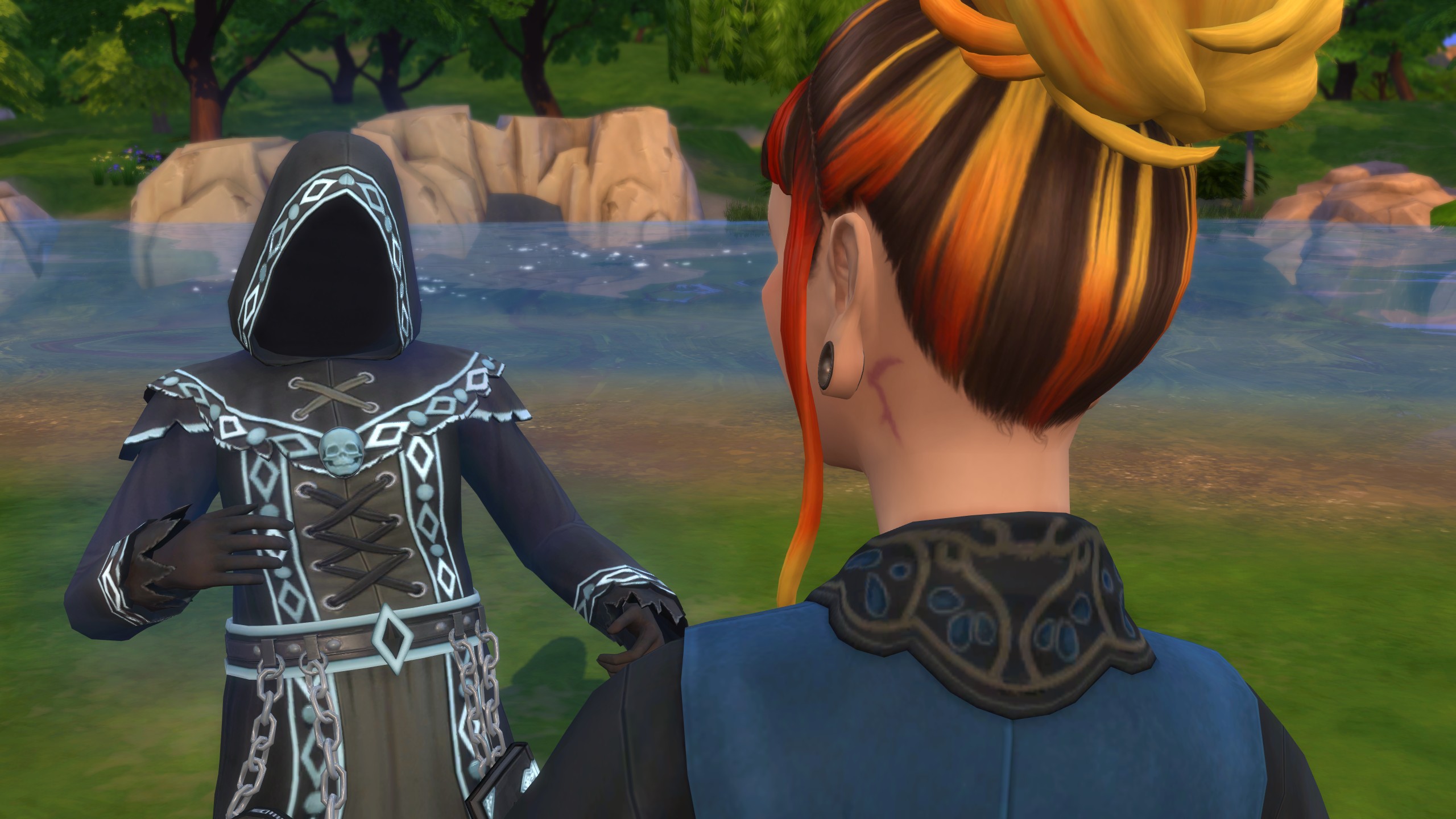 The Sims 4 Life & Death - A Reaper talks to a sim with a Grimborn birthmark on their neck