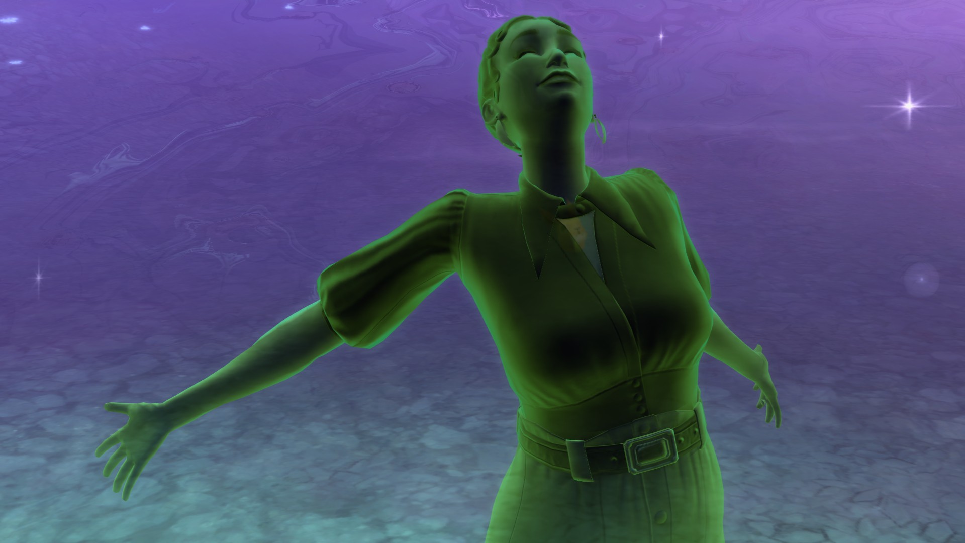 The Sims 4 Life & Death - A ghost sim spreads their arms with joy in the baleful bog
