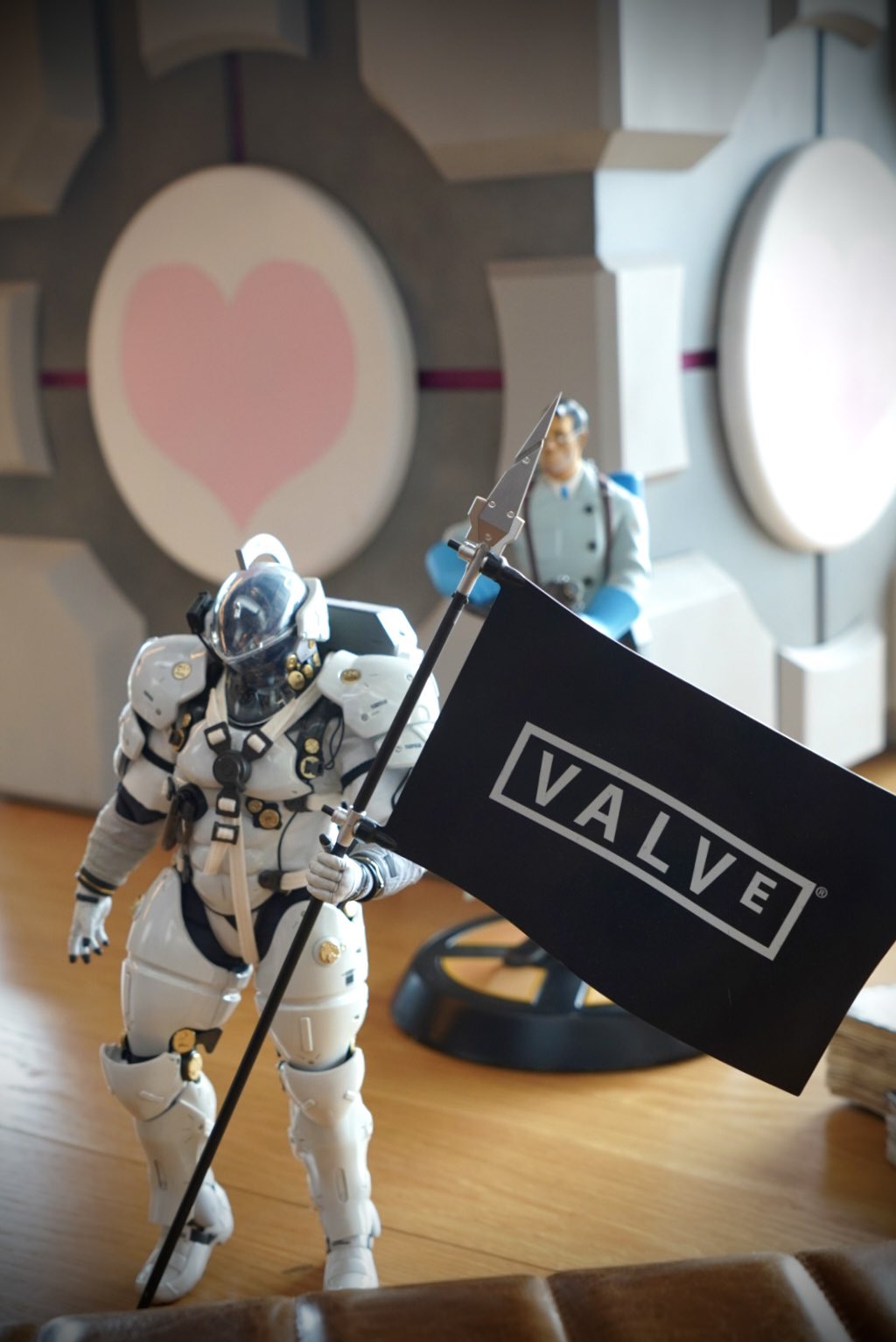 Hideo Kojima poses with various objects at Valve Software's offices.