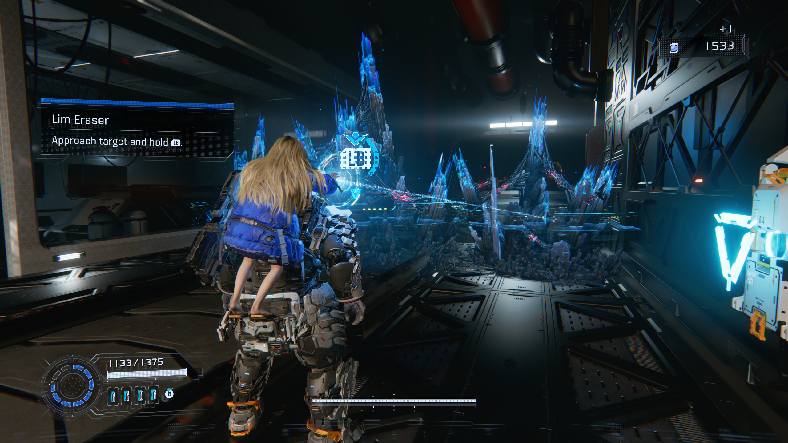 Pragmata blue crystals: A player using the Lim Eraser to break a wall of blue crystals.