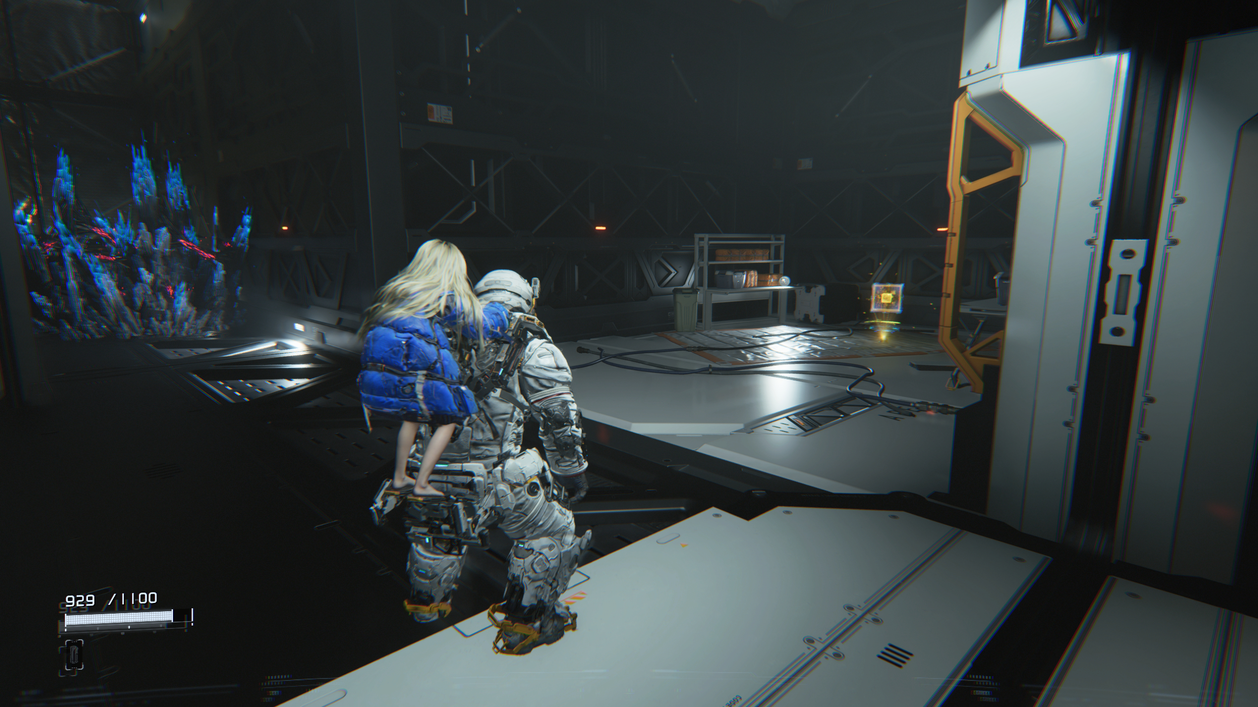 Pragmata blue crystals: A player looking at a blue crystal blocking a path to their left.