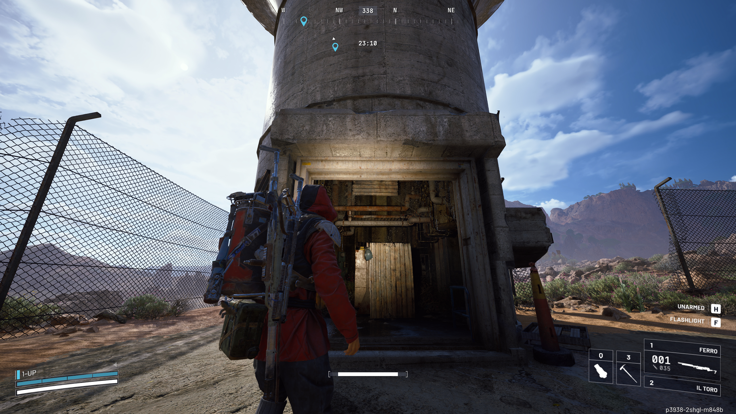 Arc Raiders A Wrench in the Works: A player looking at a ruined water tower using their flashlight.