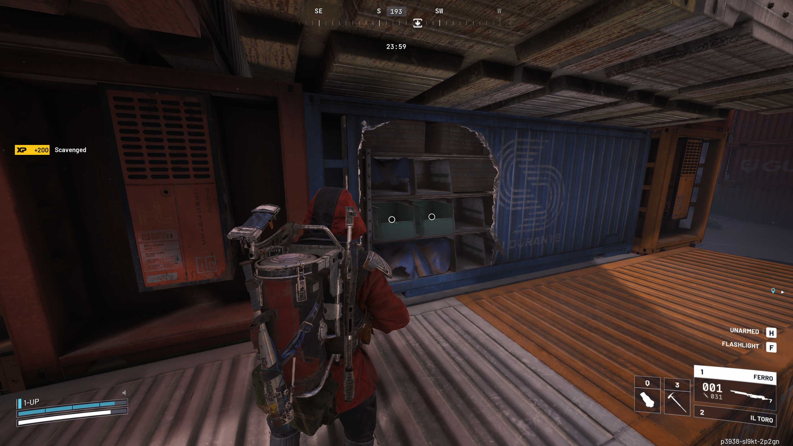 Arc Raiders new blueprints: A player looking at shelves of crates inside a damaged blue shipping container.