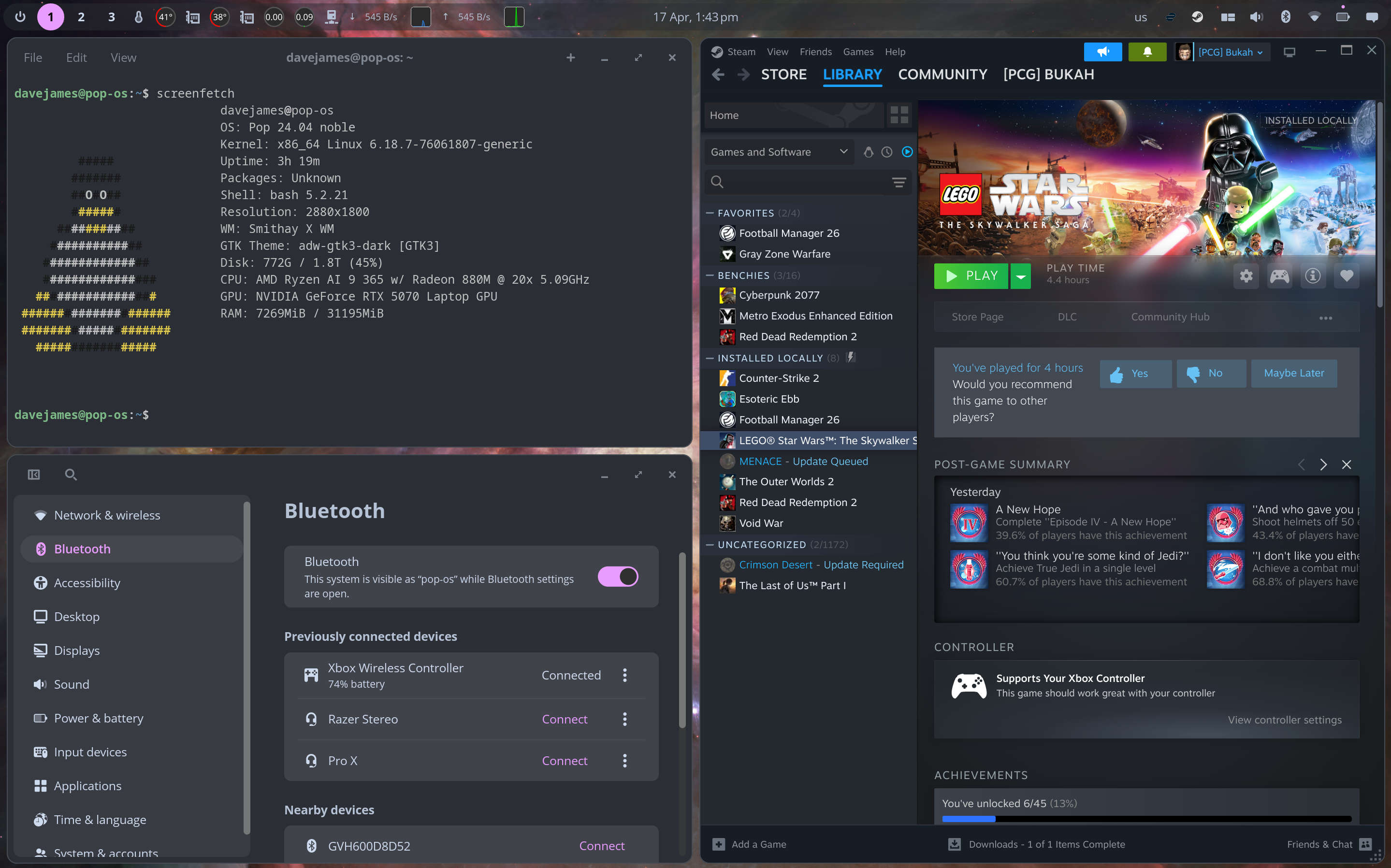 Split PopOS Linux desktop with Steam, Bluetooth settings and the terminal open