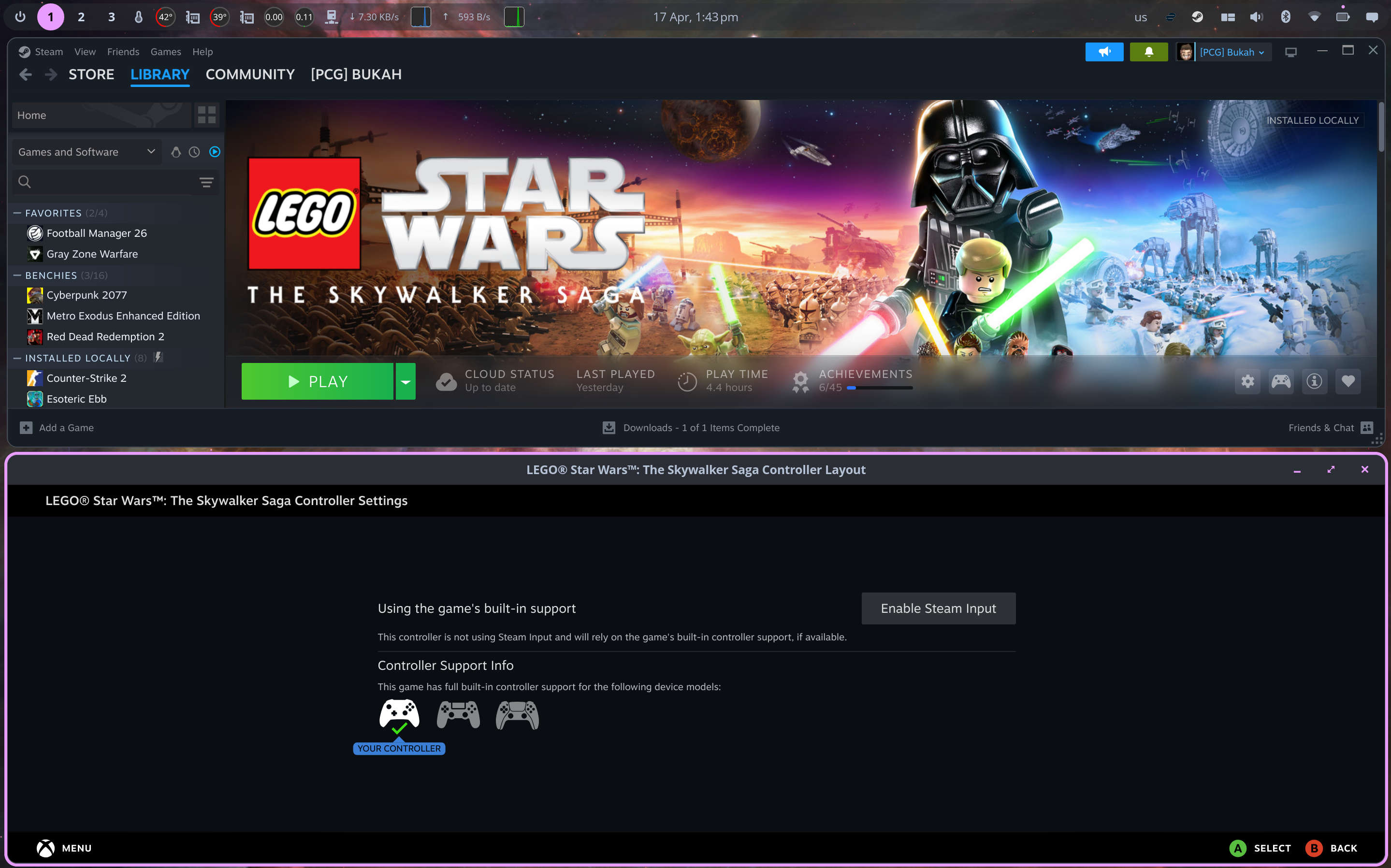 Lego Star Wars on Steam via PopOS Linux, with the controller window open