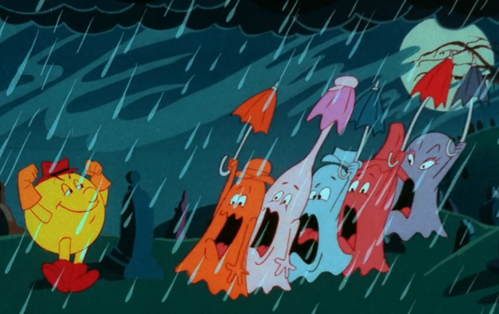 Pac-Man scaring ghosts in a graveyard in the rain