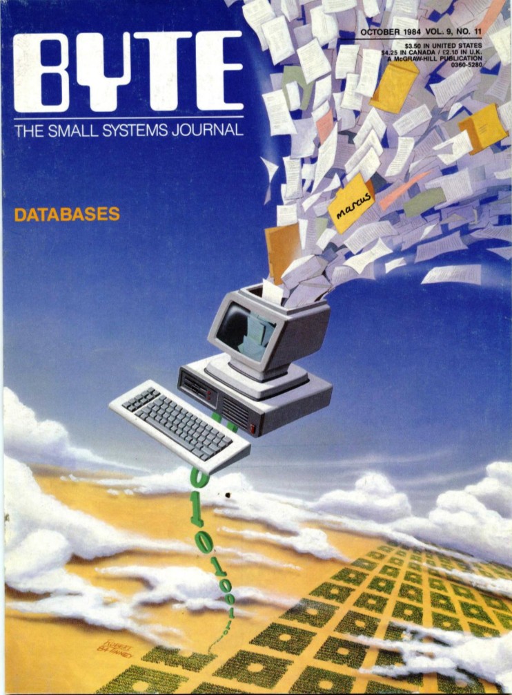 Byte cover showing computer floating in air sucking up ones and zeroes from ground and spewing out papers.