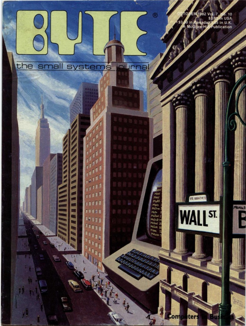 Byte cover showing Wall St. but one of the buildings has been replaced with a PC
