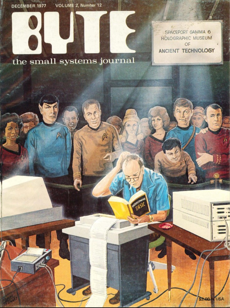 Byte cover showing cast of Star Trek marveling at a man struggling to learn Basic programming language in 