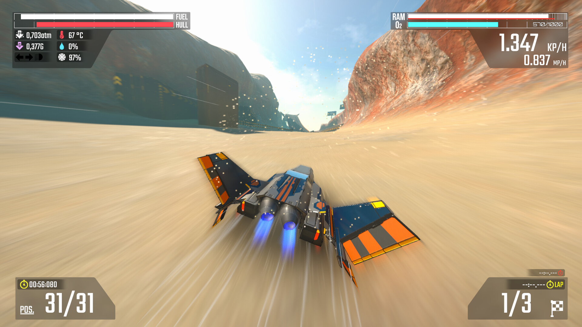 A hover car racing through a desert in XF Extreme Formula.