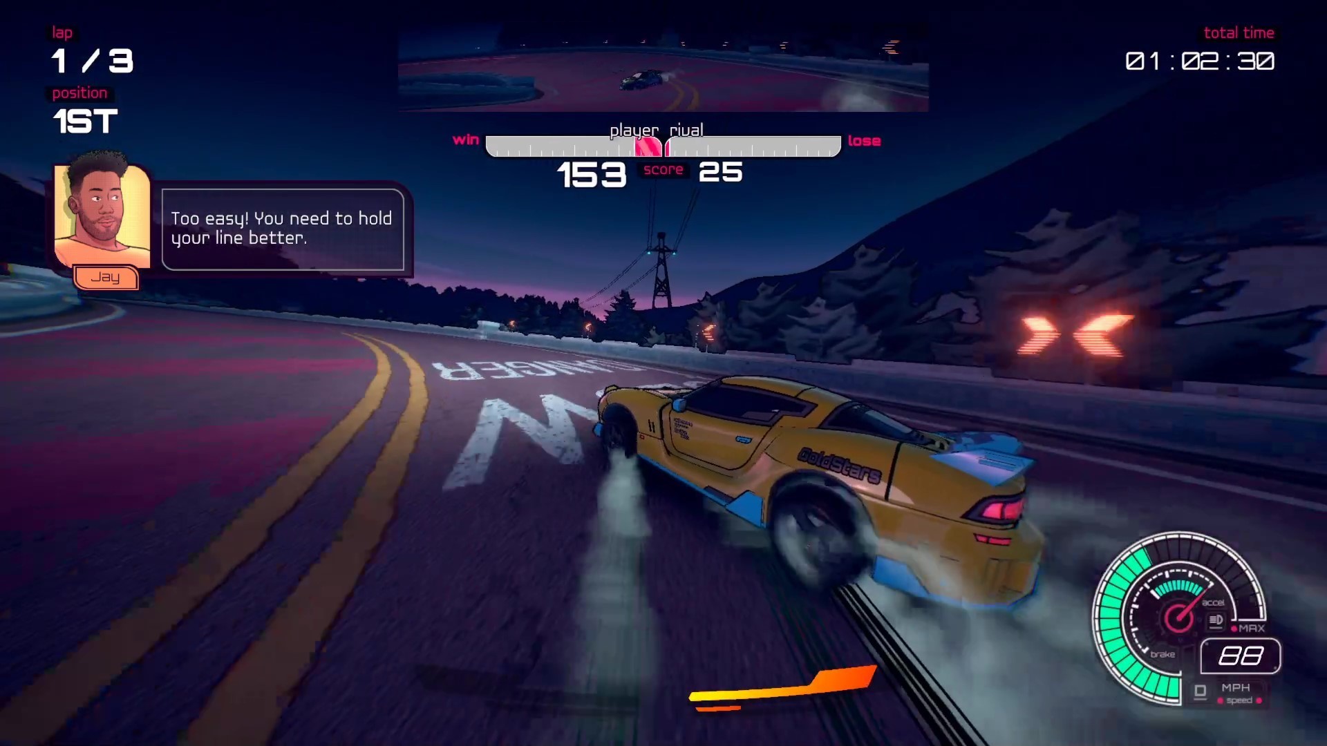 A car screeching around a corner in Inertial Drift.
