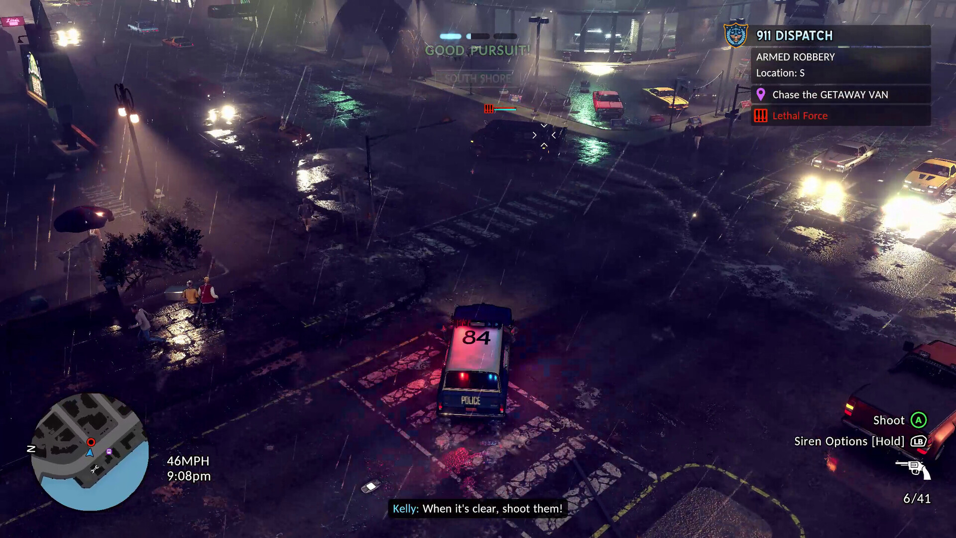 A police car driving along dark city roads in The Precinct.