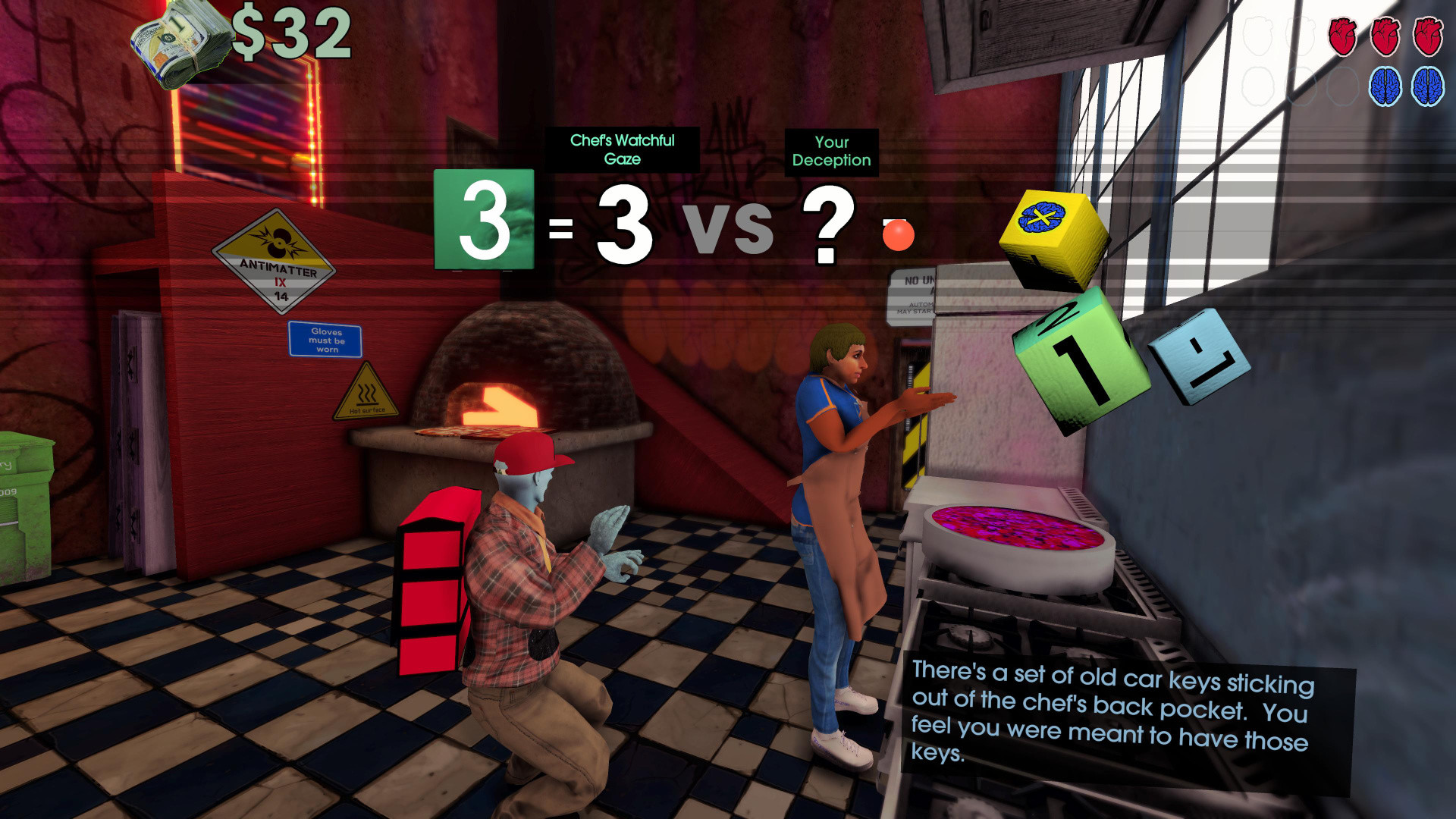 A character sneaking through a kitchen in Betrayal at Club Low.