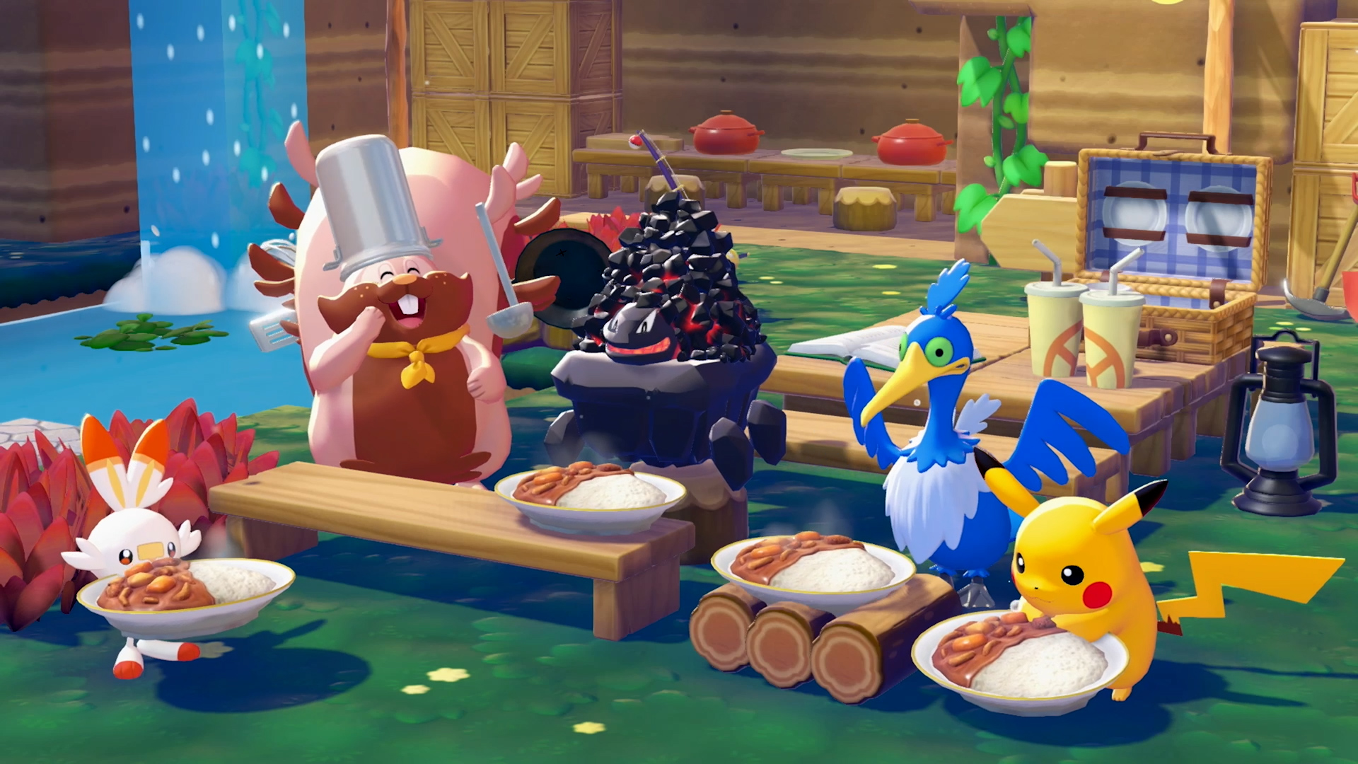A group of Pokémon eating together in Pokémon Pokopia.