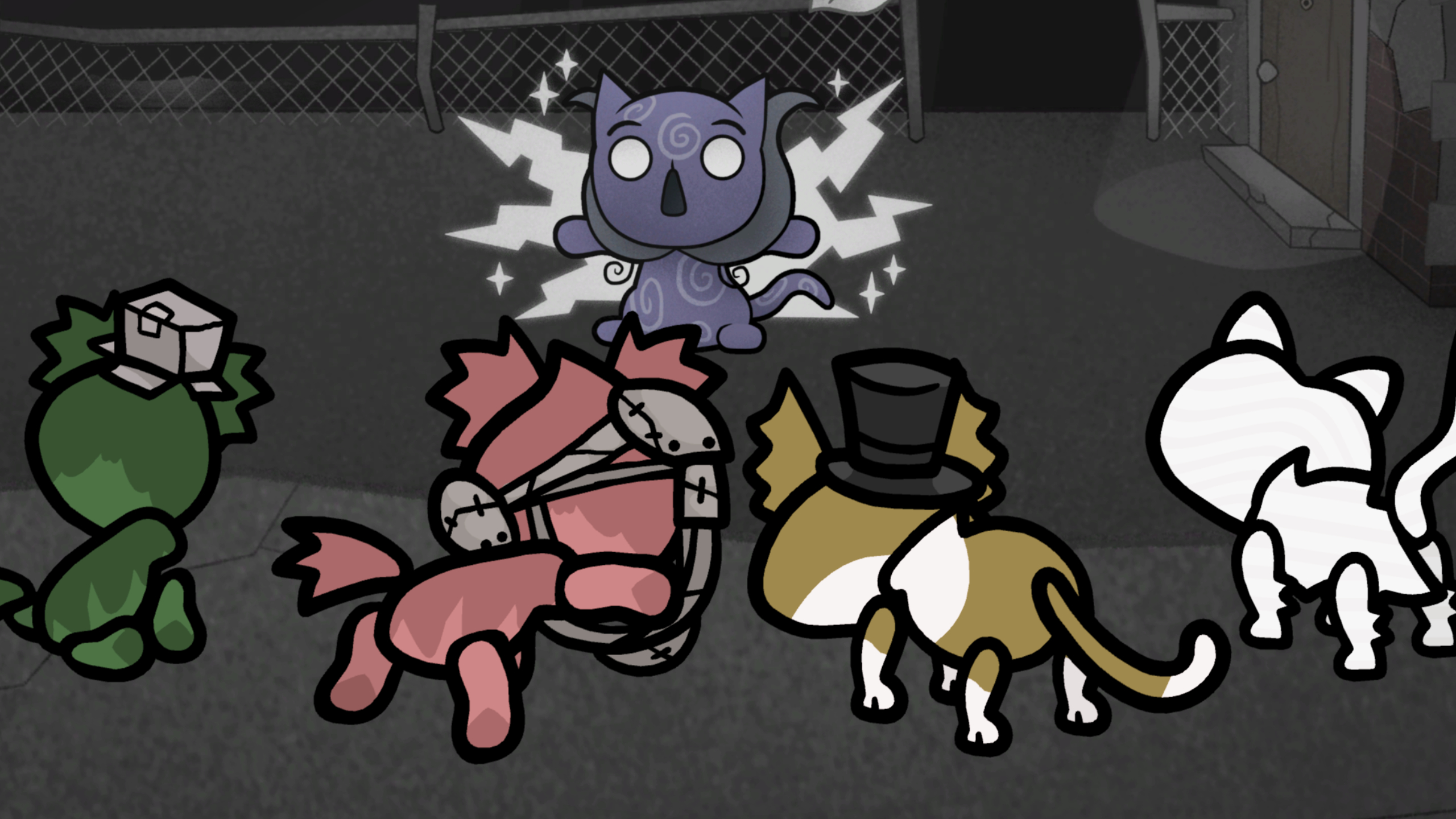 Mewgenics classes: A group of four cats (from left to right, green, red, tabby, and white) facing a blue boss cat unleashing an attack.
