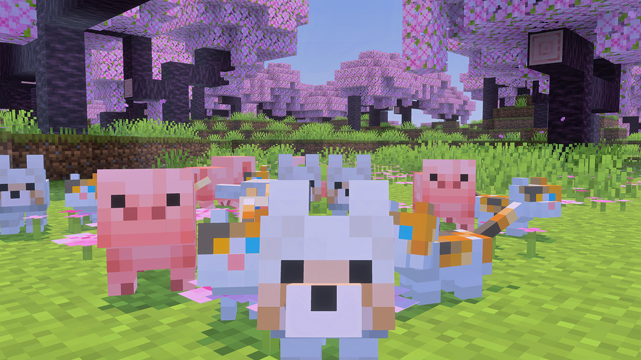Minecraft wolf puppy looking at the player with piglets and kittens behind